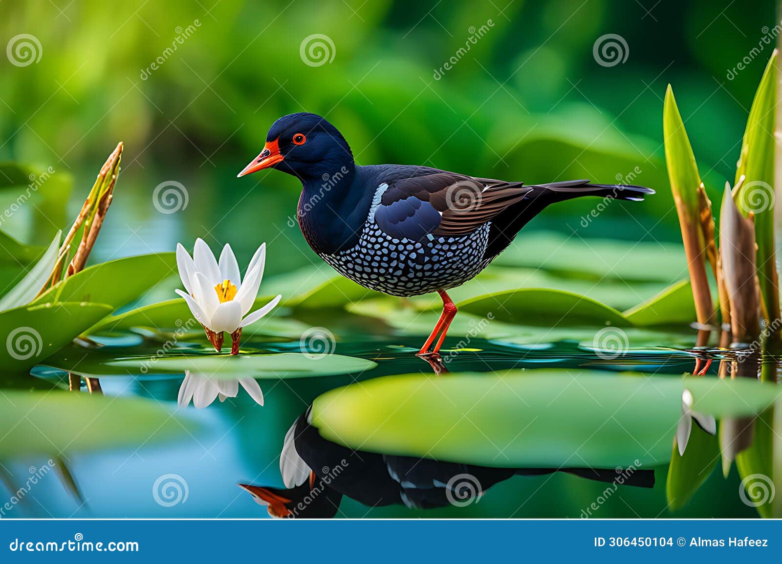 serene wetland stroll: common moorhen strides with precision focus, every feature mirrored in nature's calm