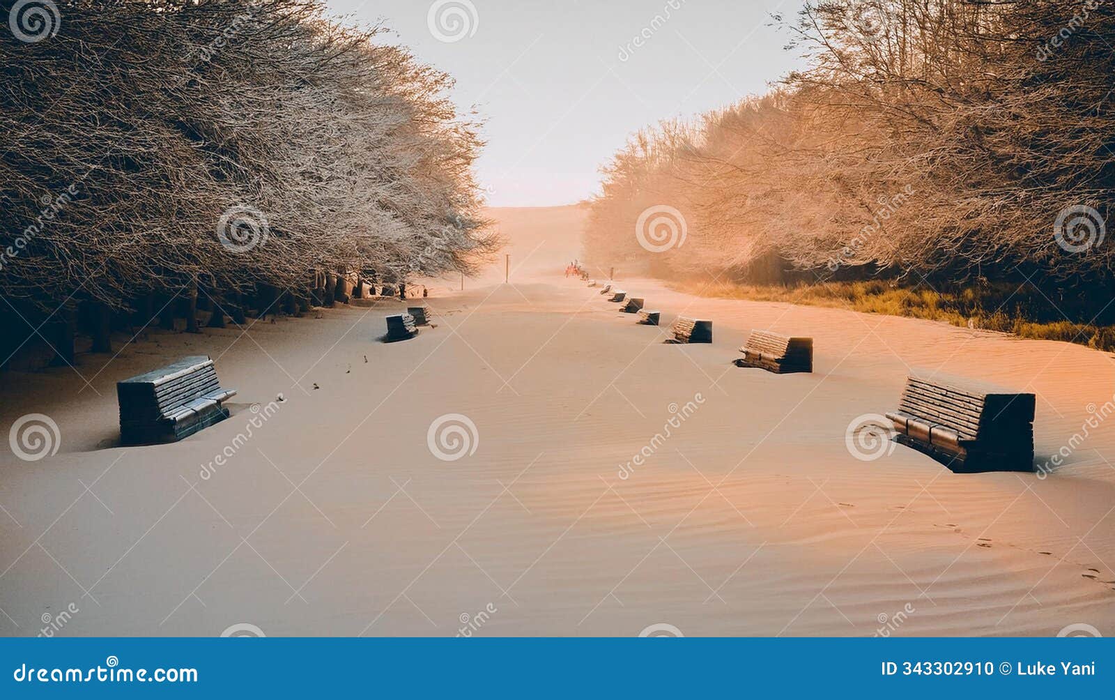serene winter landscape with benches and frost-covered trees