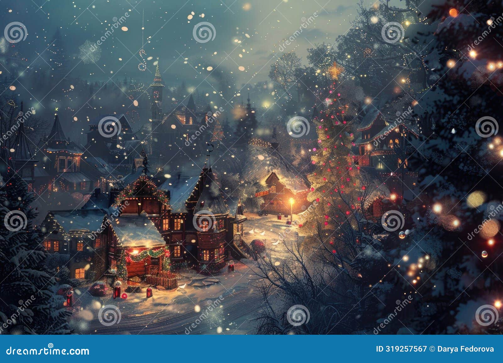a serene winter night in a charming village adorned with christmas lights