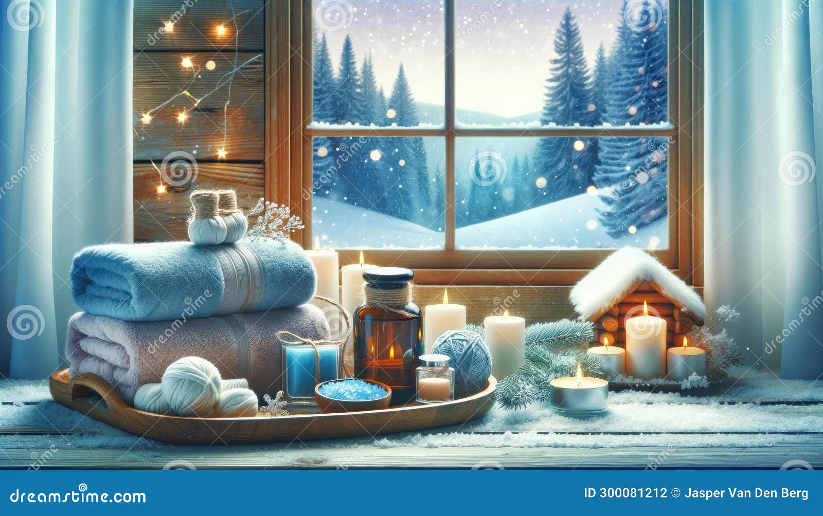 cozy winter window sill with warm decorations, ai generated
