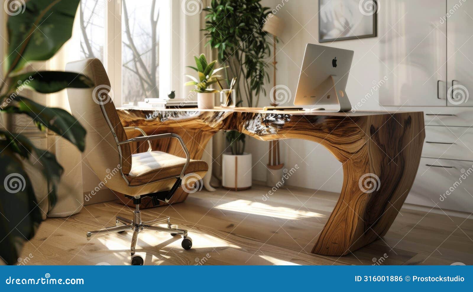 modern home office with natural wood desk and imac