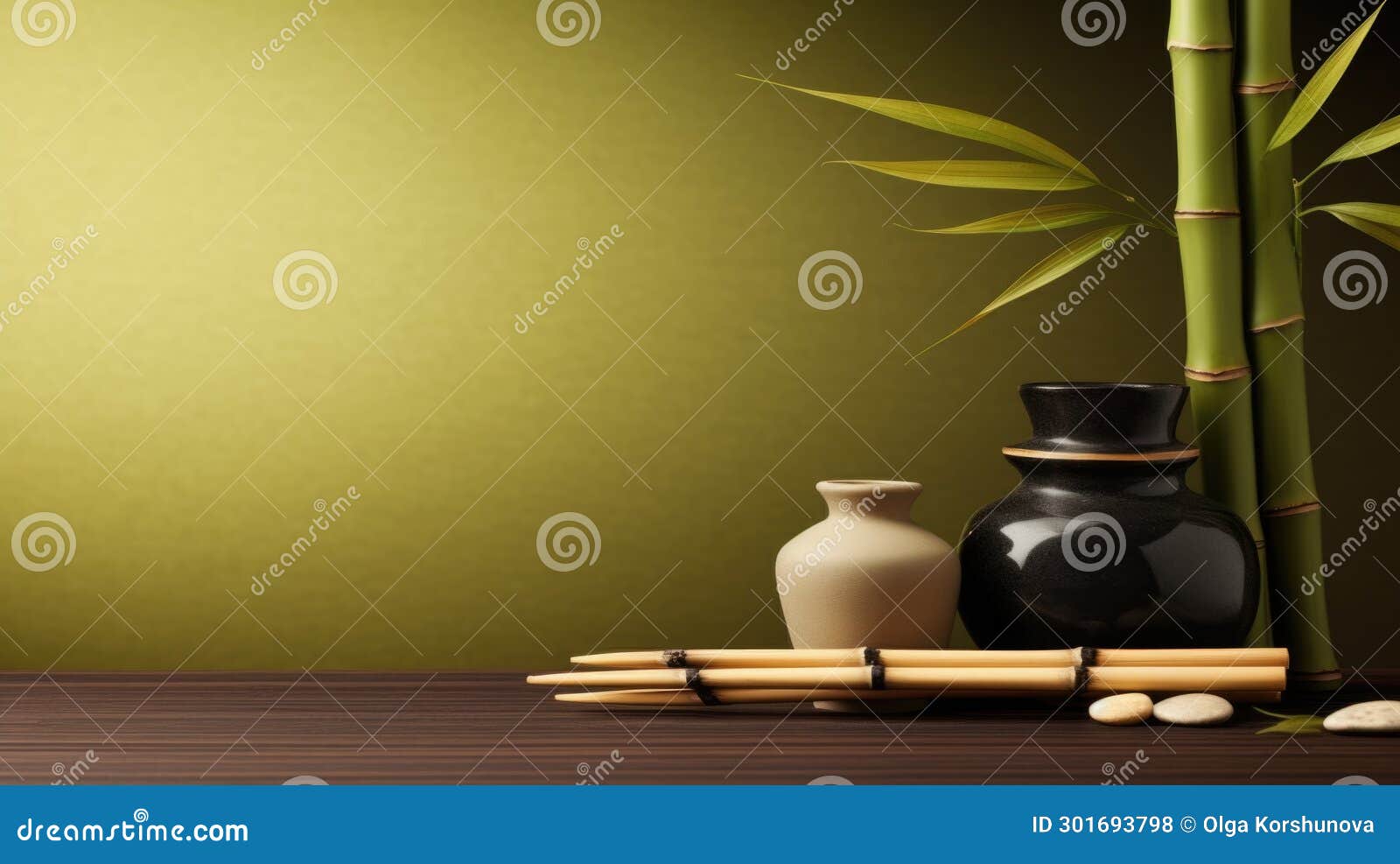 Serene Zen Bamboo Setup with Ceramic Vases on Wood. GenerativeAI Stock Photo Image of plants