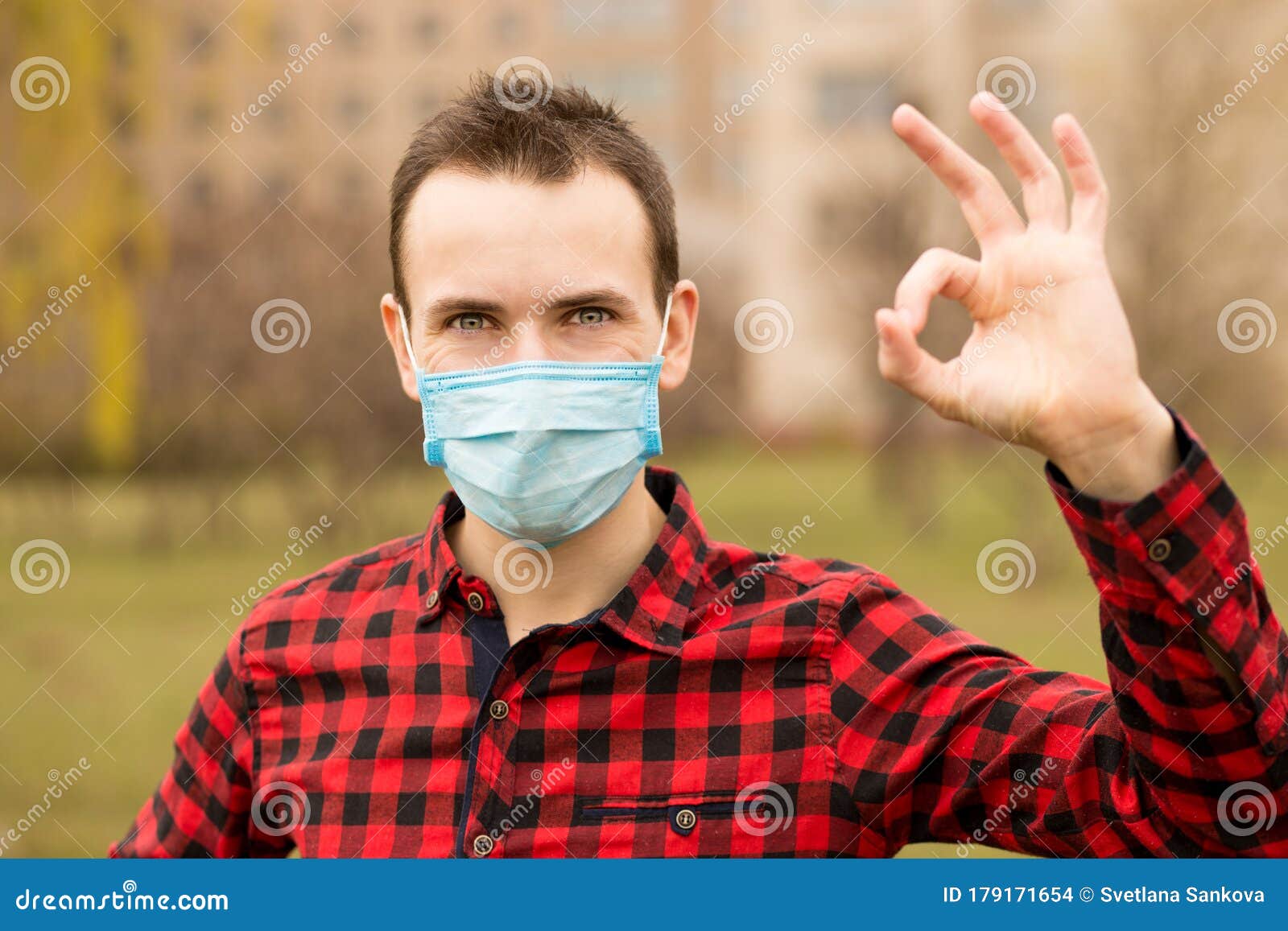 Serenity Man Wearing Protective Mask Show Gesture Ok Using Hand Up Walk ...