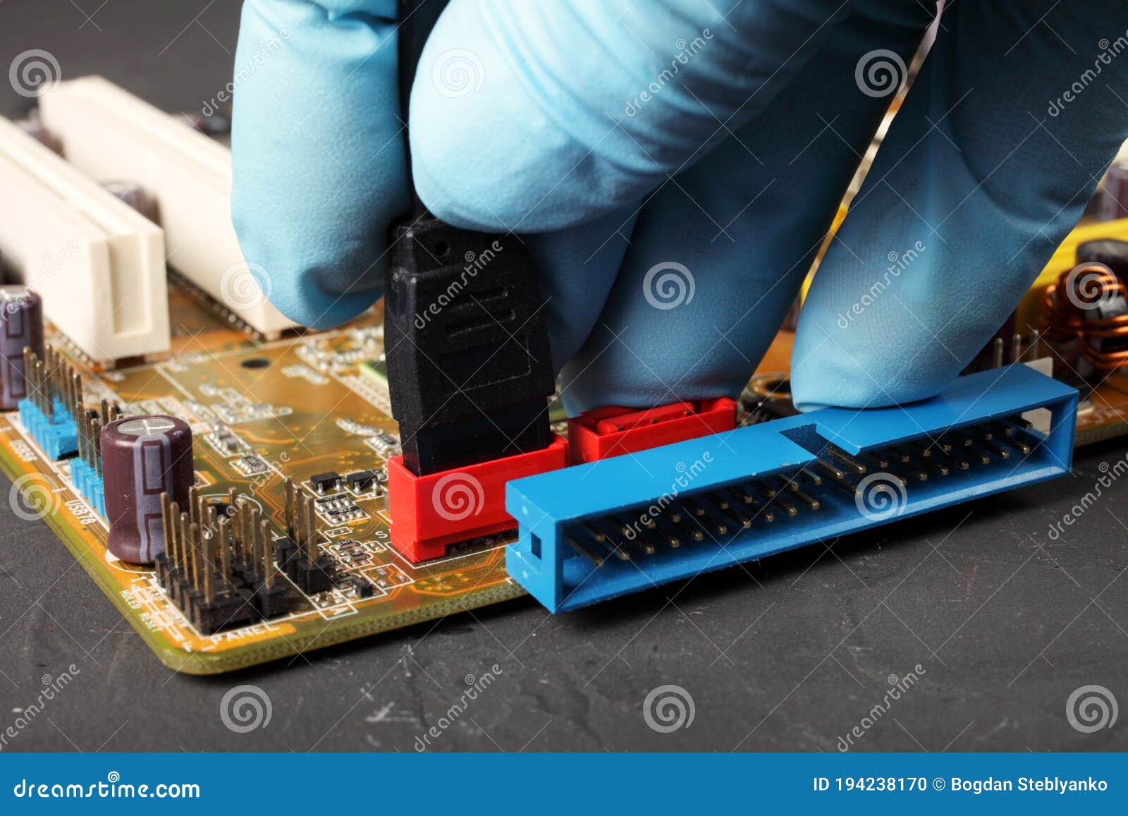 Serial Ata Connection of Cable with Computer Motherboard Stock Photo