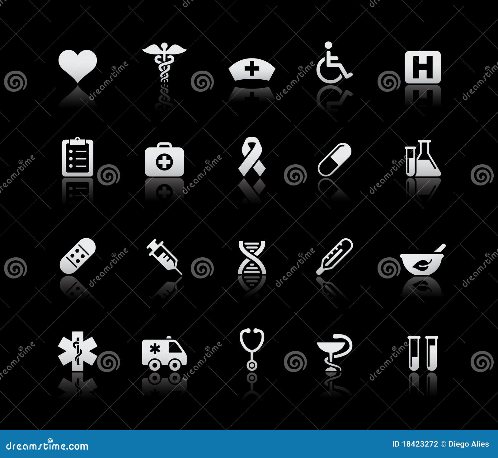 Serie de plata de // del cuidado de la medicina y del brezo. Iconos del vector fijados reflejados en fondo negro.