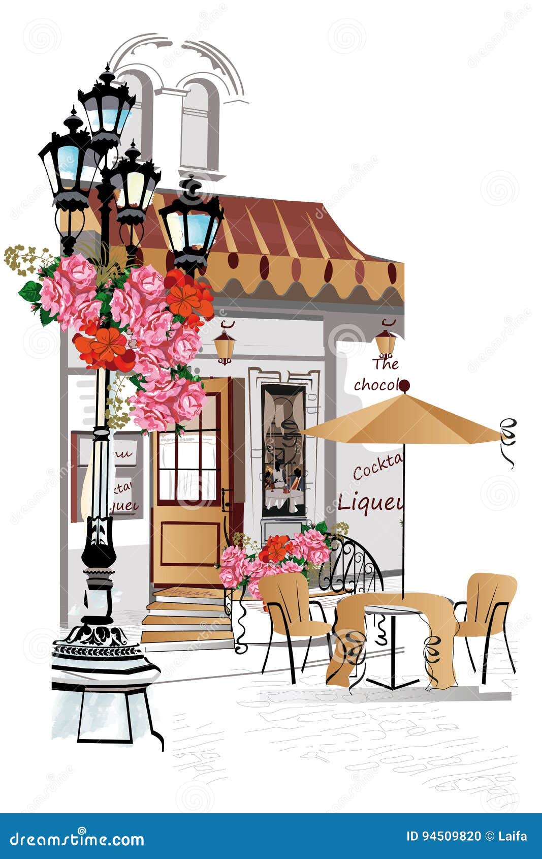 series of backgrounds decorated with flowers, old town views and street cafes