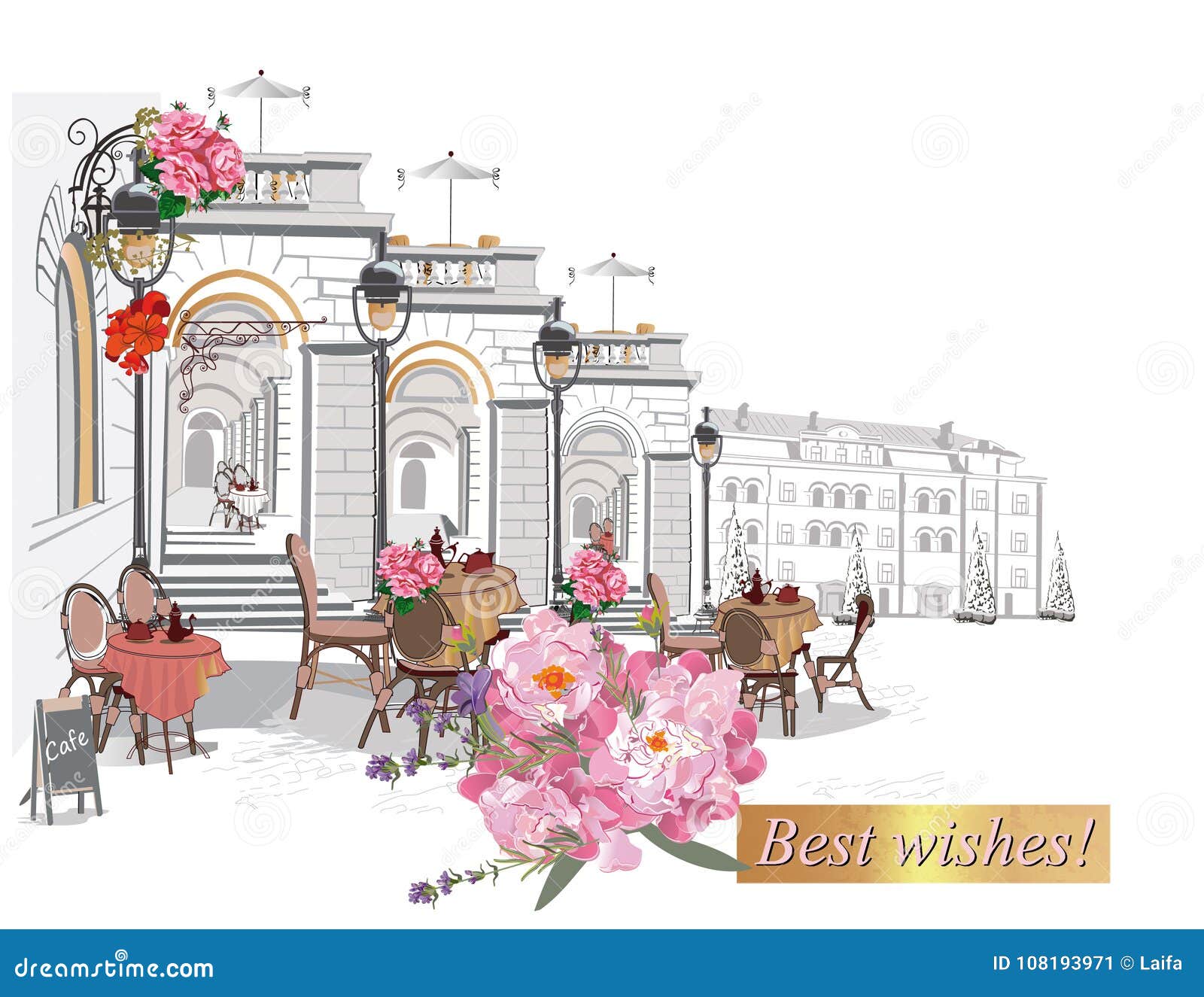 series of backgrounds decorated with flowers, old town views and street cafes.