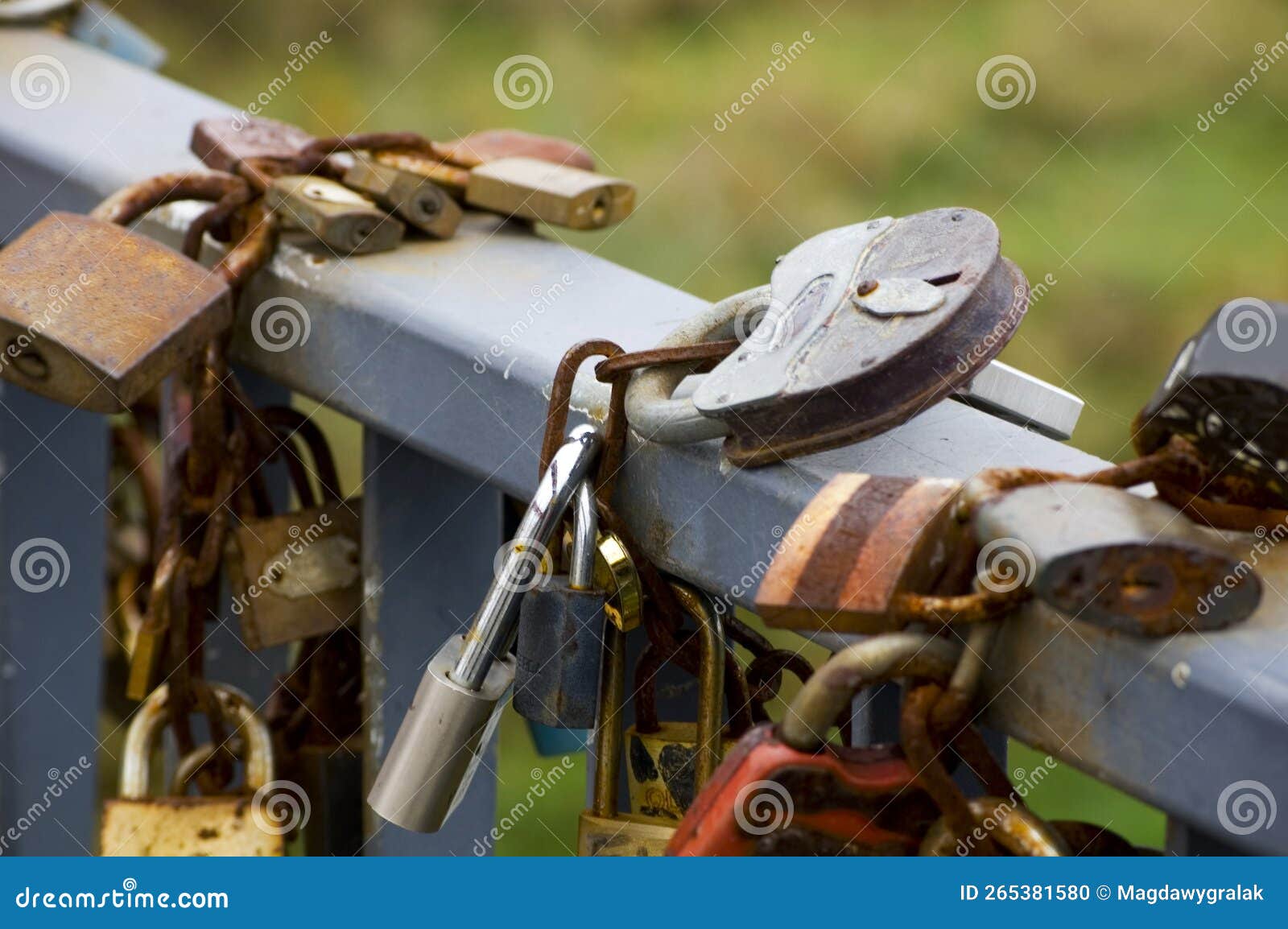 Series of Colored Padlocks of Love. Selective Focus. Stock Photo