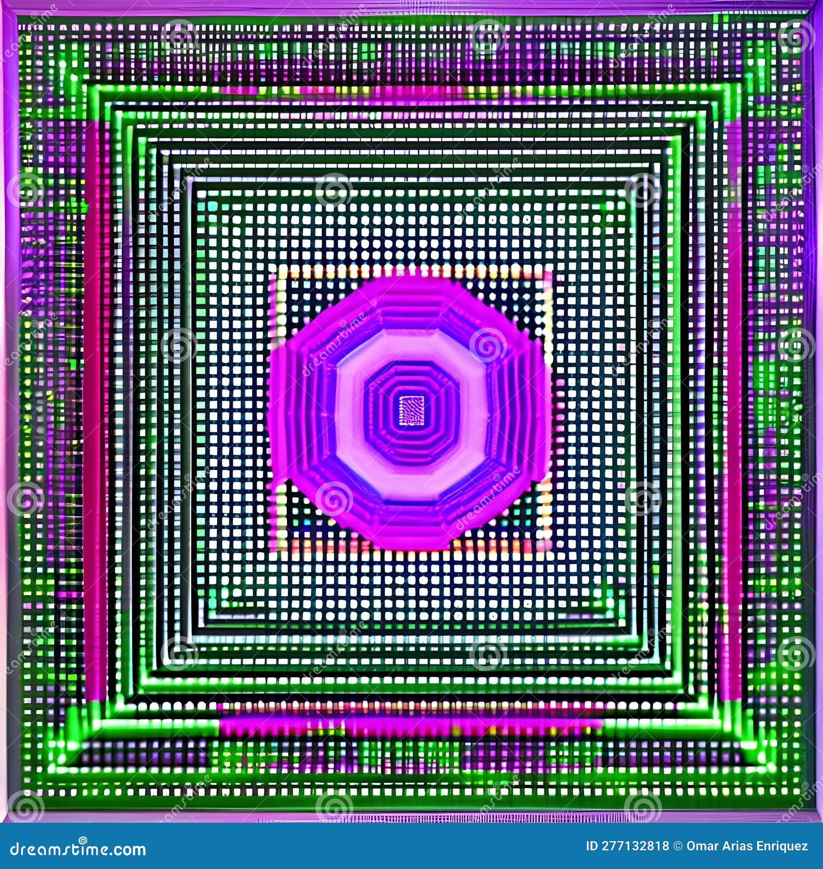 a series of concentric squares in shades of pink and purple, with a bright green dot in the center2, generative ai