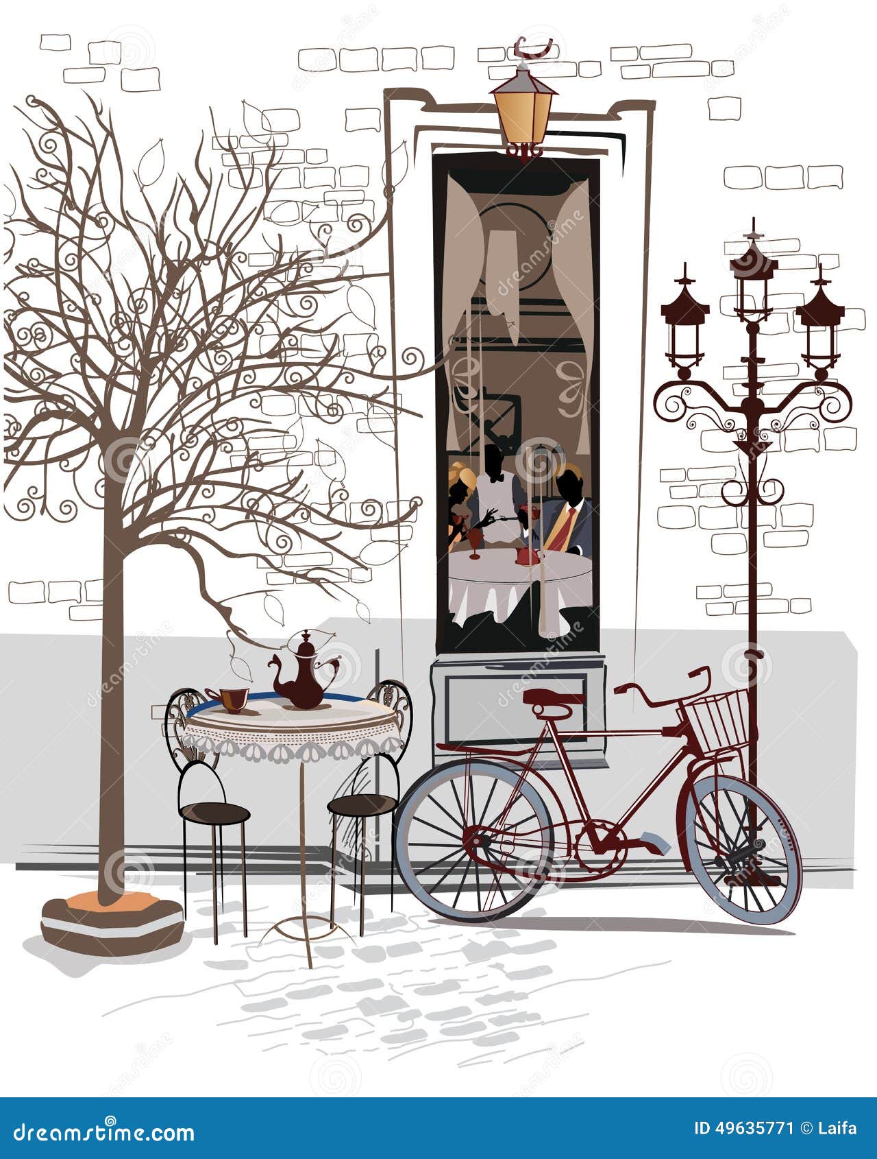 series of sketches of beautiful old city views with cafes