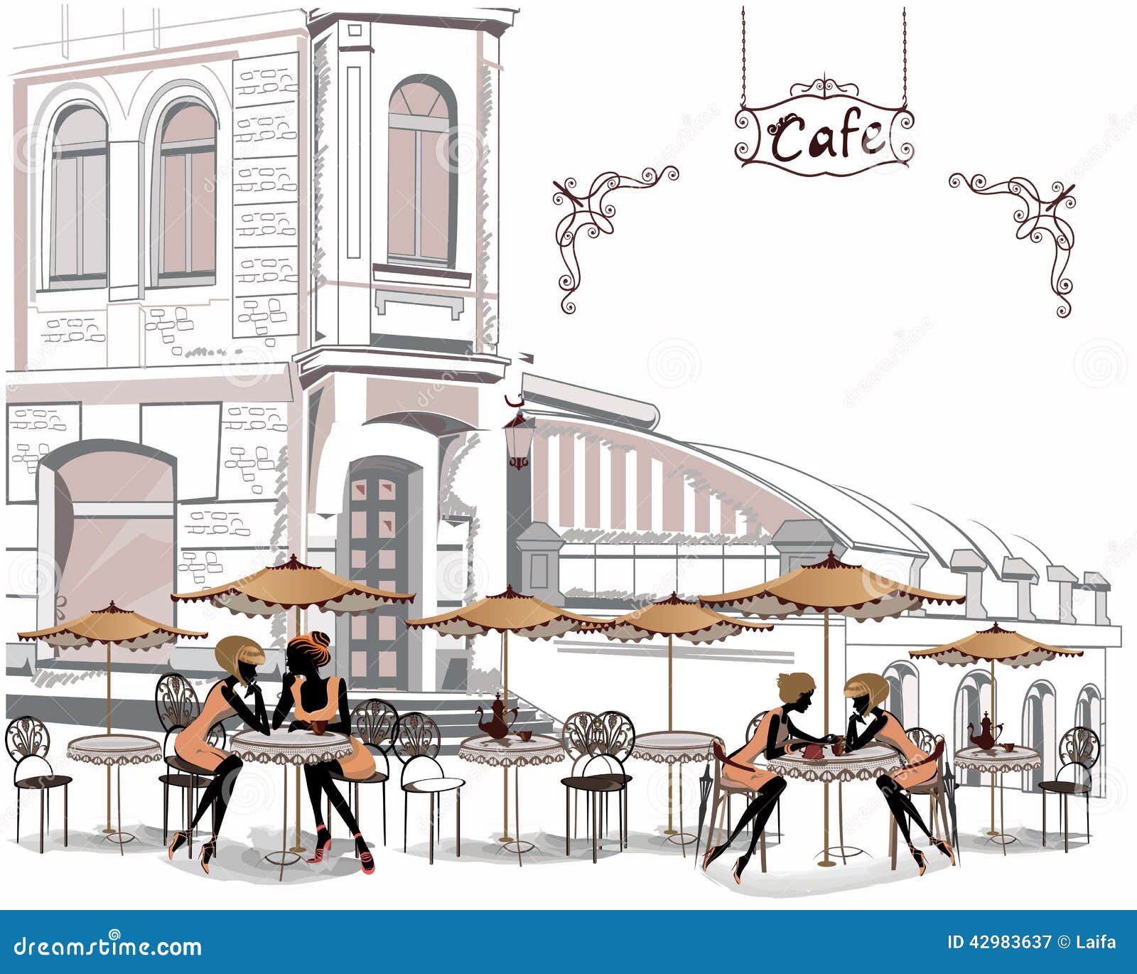 series of street cafes in the city with people drinking coffee