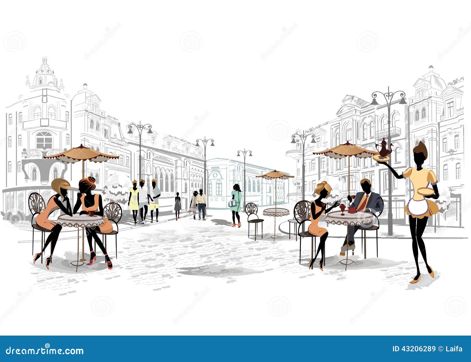 series of street cafes in the city with people drinking coffee