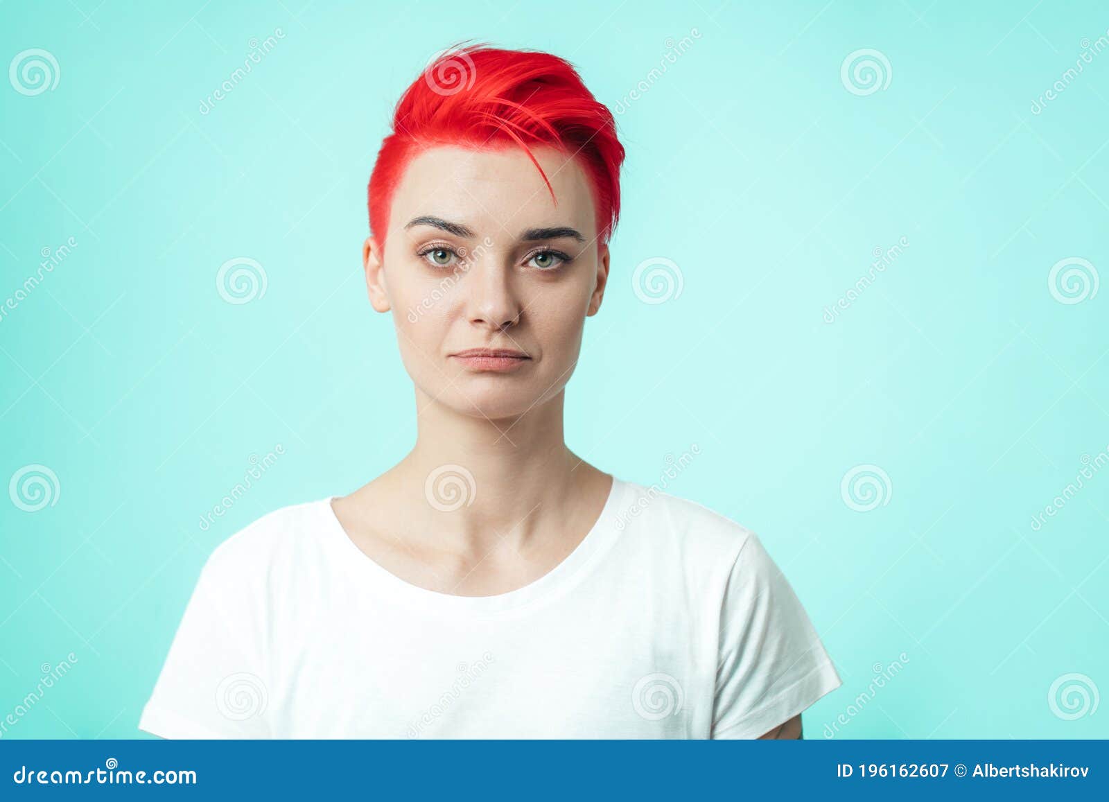 Serious Attractive Woman with Pink Hair and Green Eyes Looking at the ...