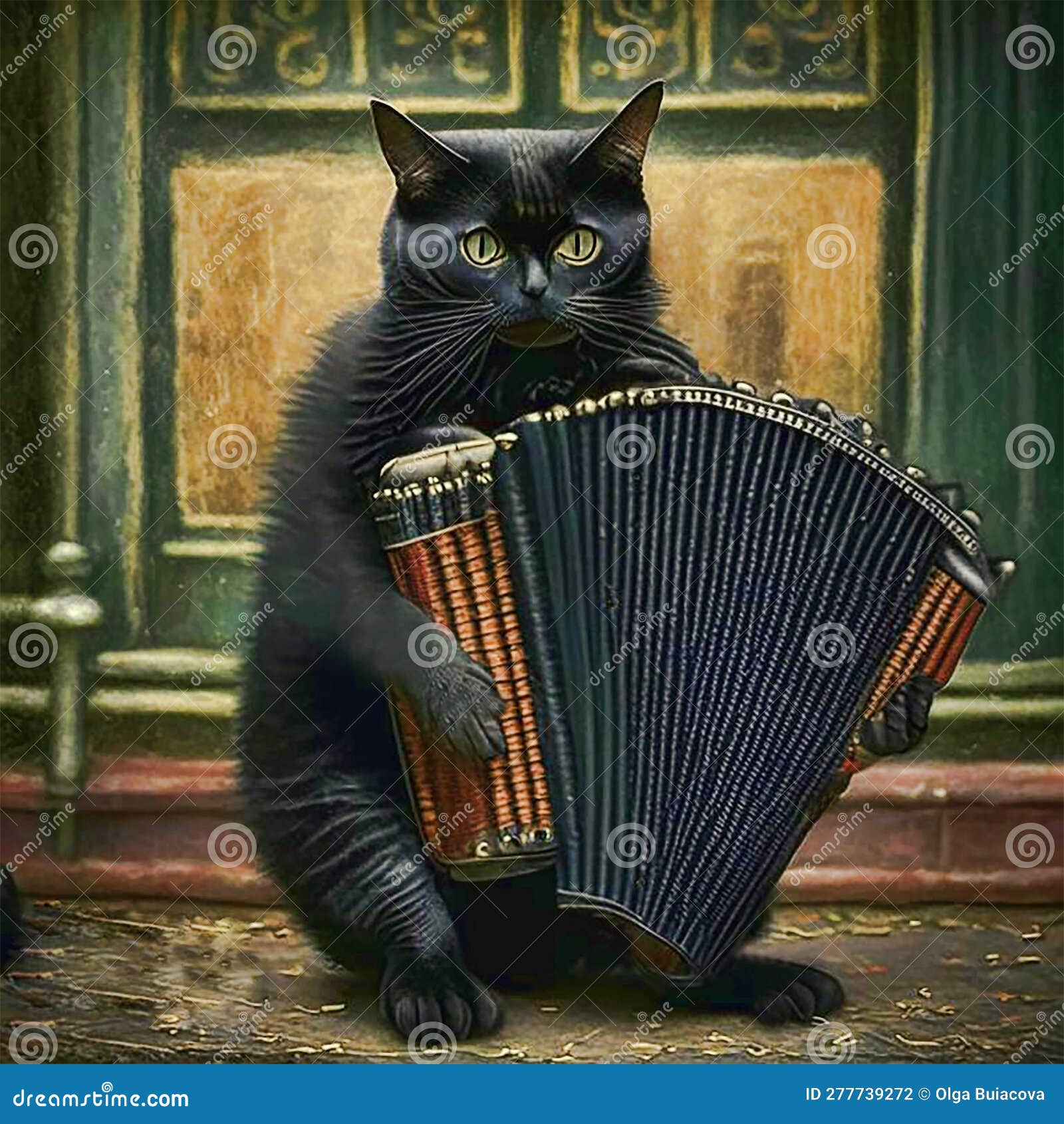 Serious Black Cat Plays the Harmonica. AI Generated Stock Illustration