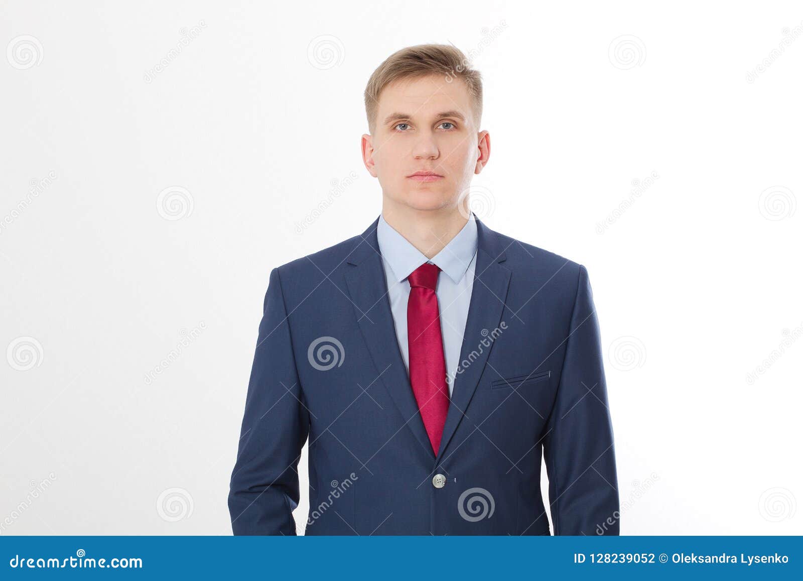 Serious Businessman In Blue Suit And Red Tie Isolated On White Background.  Business Concept Stock Photo - Image Of Lifestyles, Jacket: 128239052