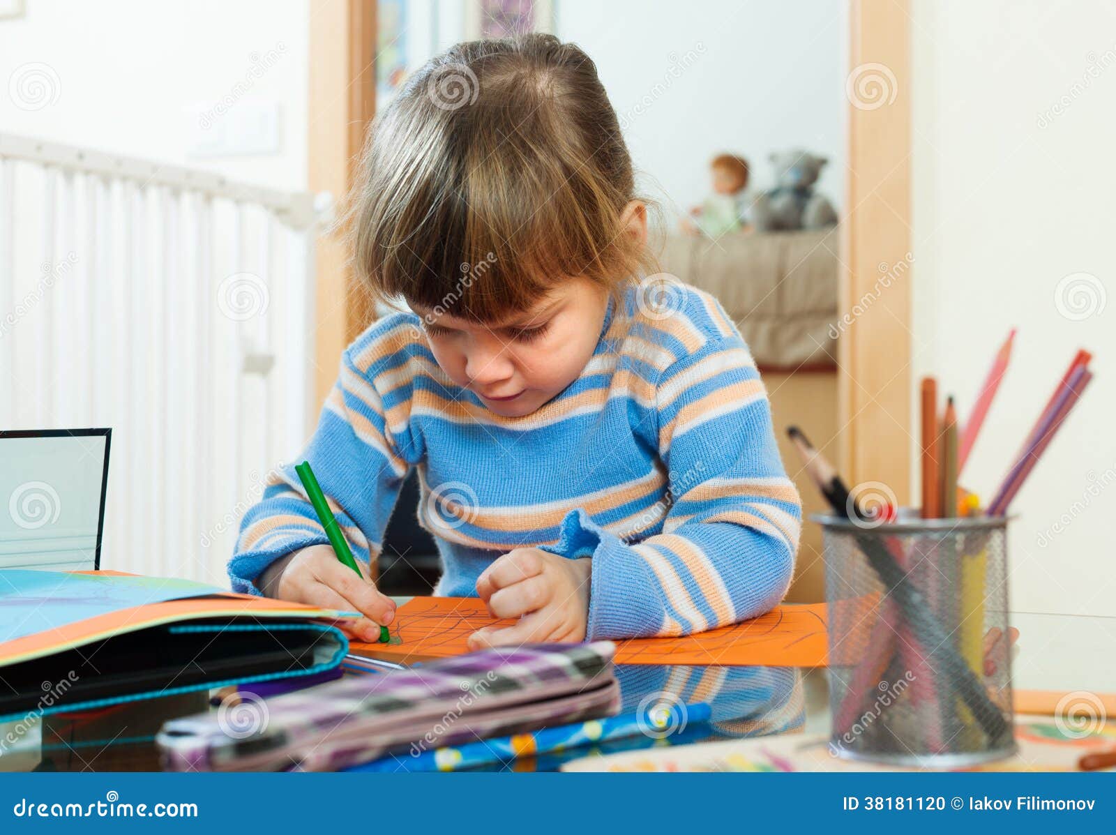 Serious Child Drawing on Paper in Home Stock Photo - Image of easy