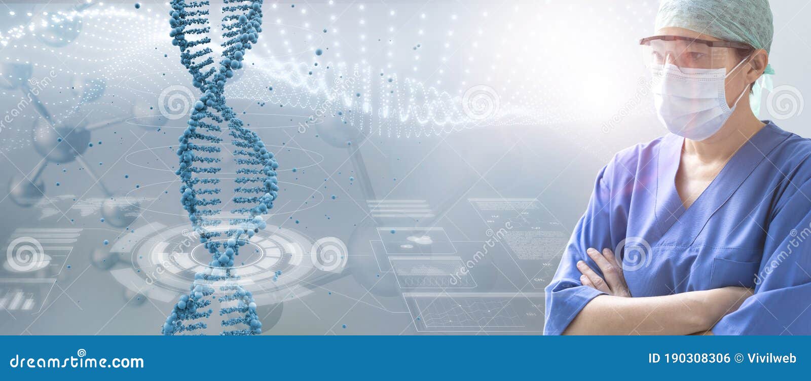 serious female doctor examining a dna helix hologram, genetic disease care concept