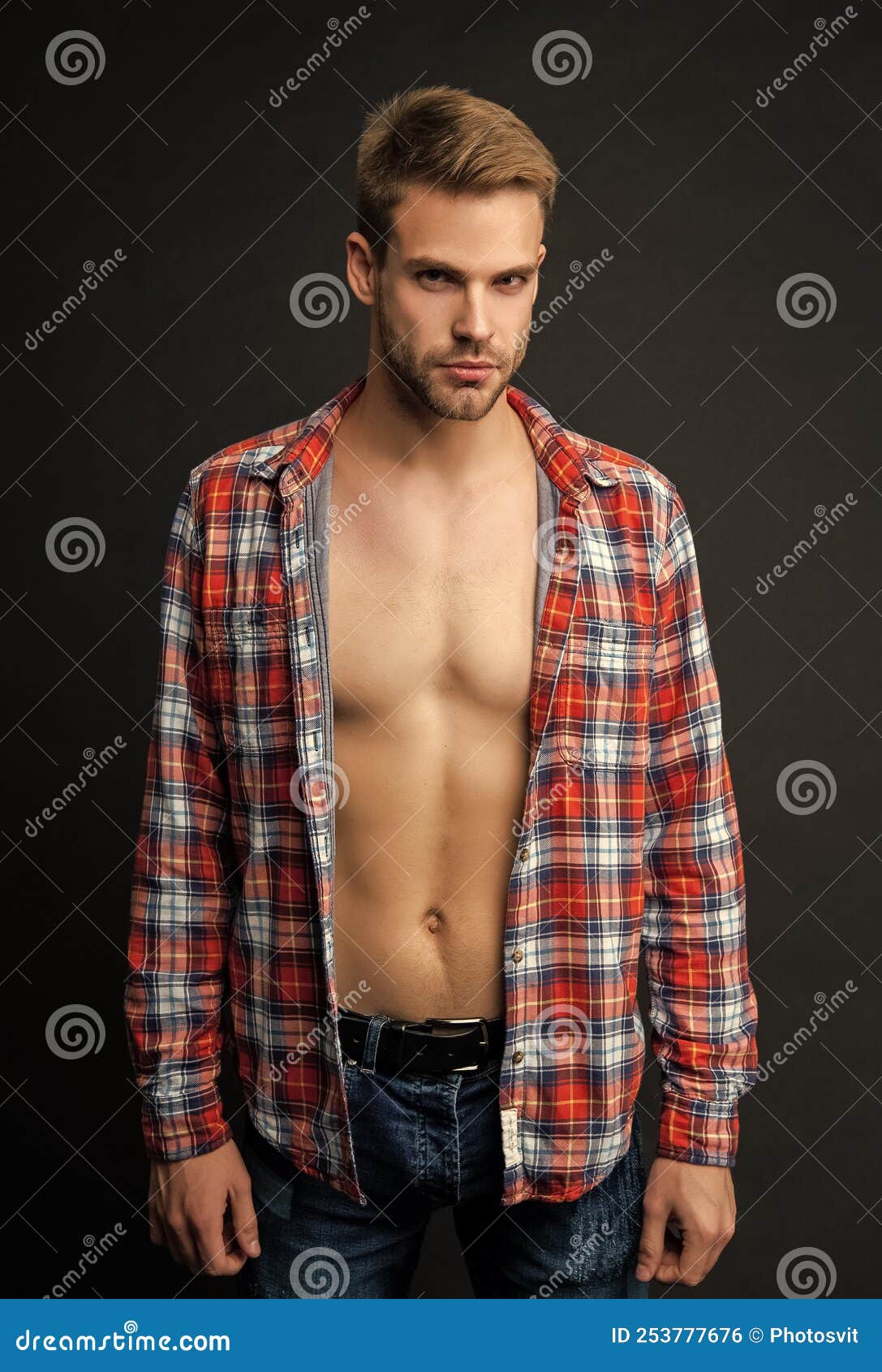 Serious Handsome Guy with Fit Torso Hairless Chest Posing in Open Plaid ...