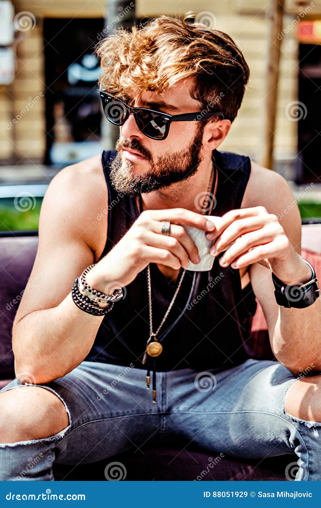 Serious Hipster Man Drinking Espresso Stock Image Image of black