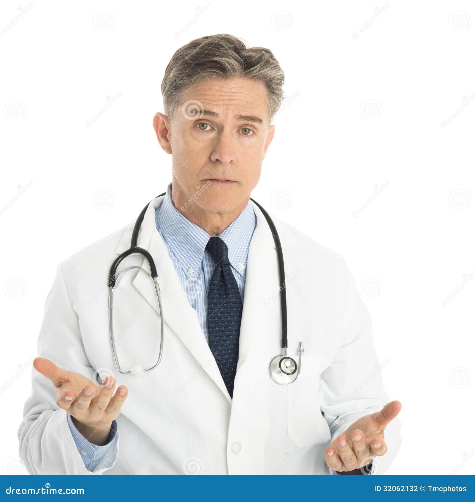 serious male doctor gesturing against white background