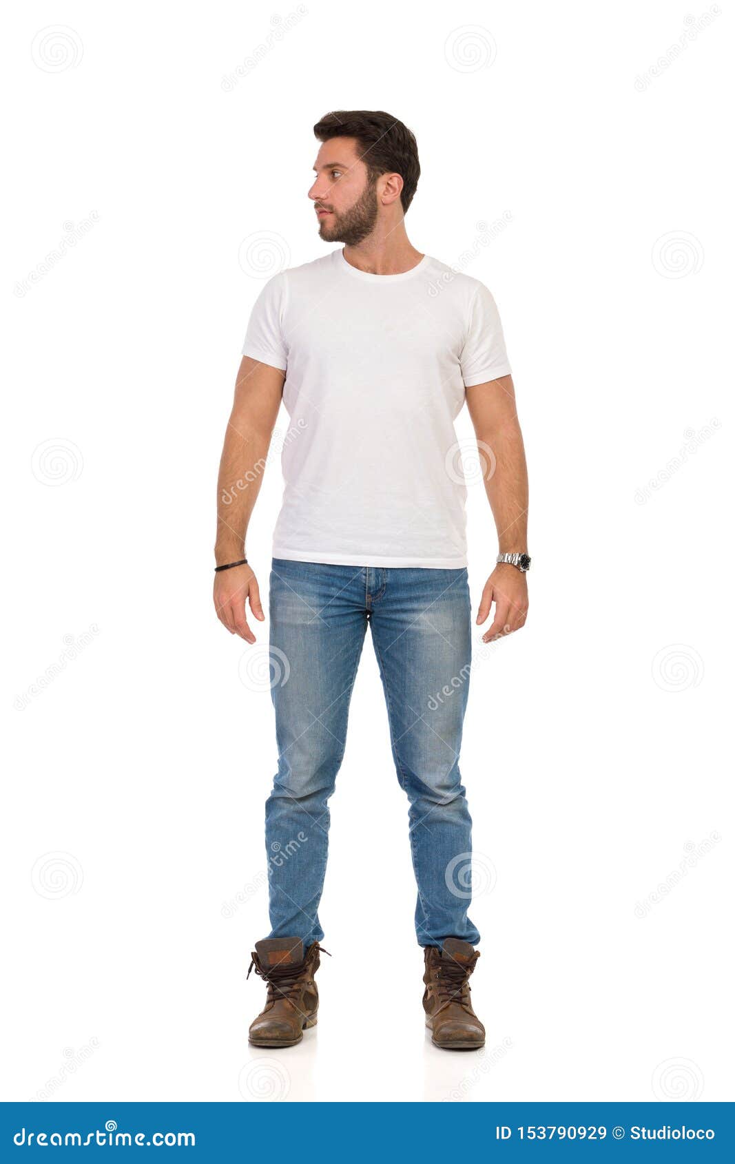 Serious Man in Jeans and White T-shirt is Standing and Looking Away. Front  View Stock Image - Image of shirt, confidence: 153790929