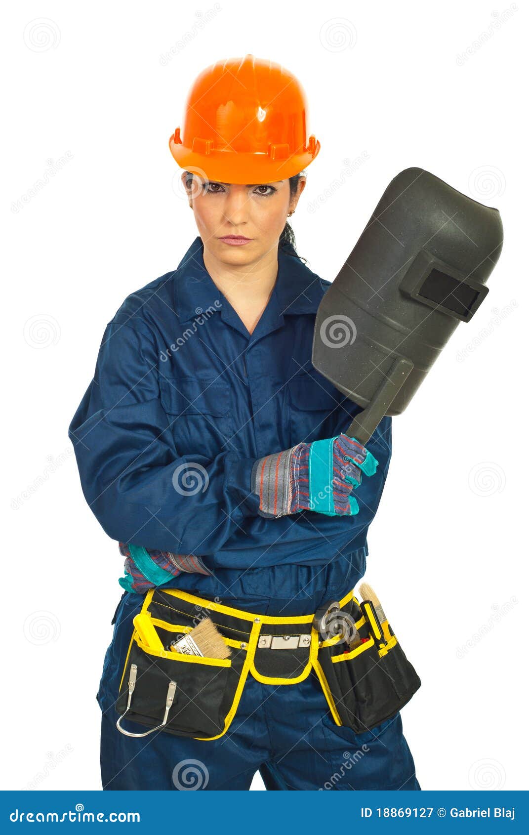 Serious Worker Woman with Welding Mask Stock Image Image of contractor, constructor 18869127