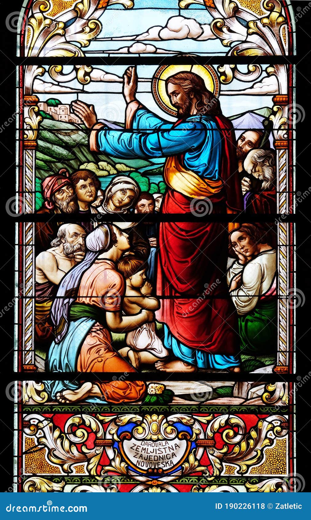 sermon on the mount, stained glass window in the st john the baptist church in zagreb, croatia