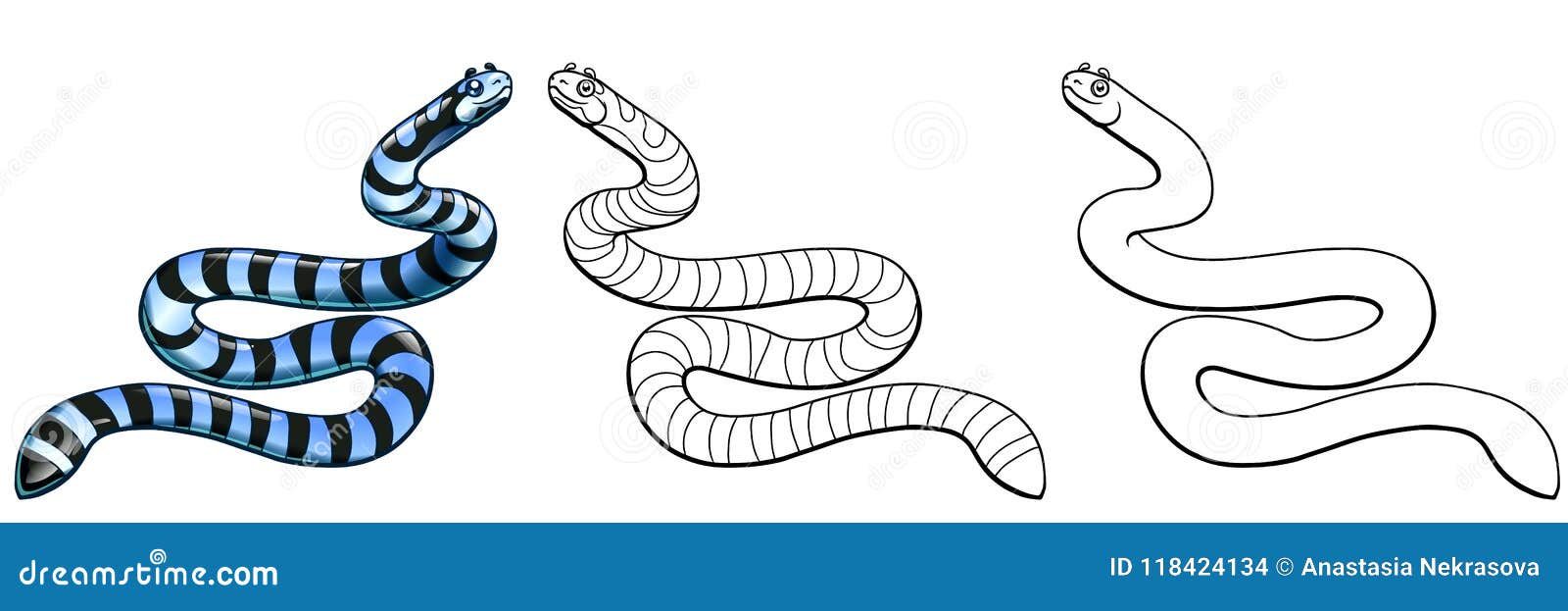 Uma cobra de desenho animado com um padrão listrado azul e