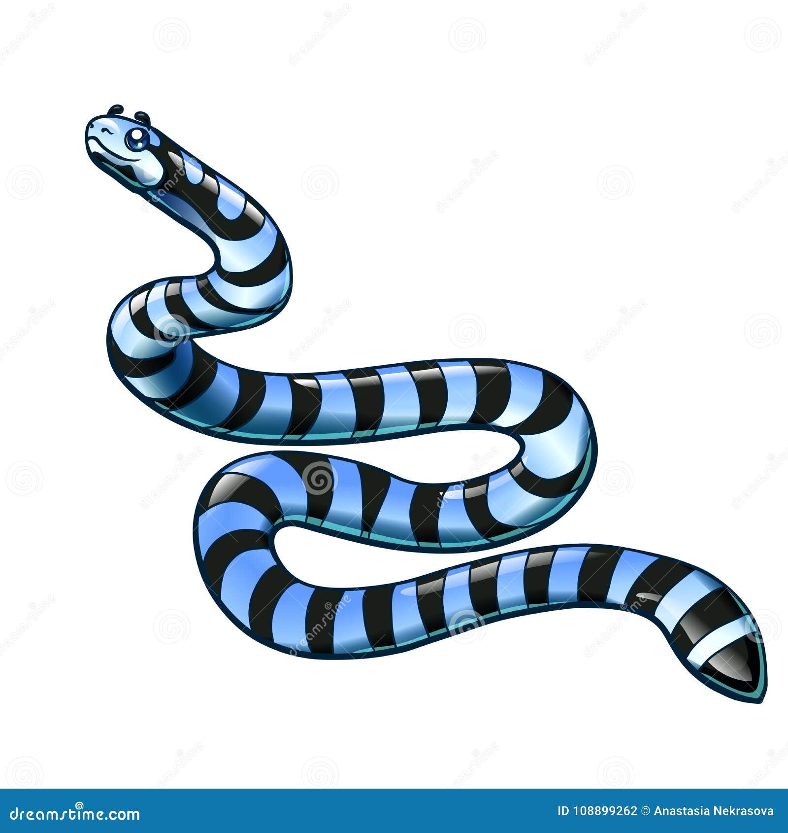 Uma cobra de desenho animado com um padrão listrado azul e
