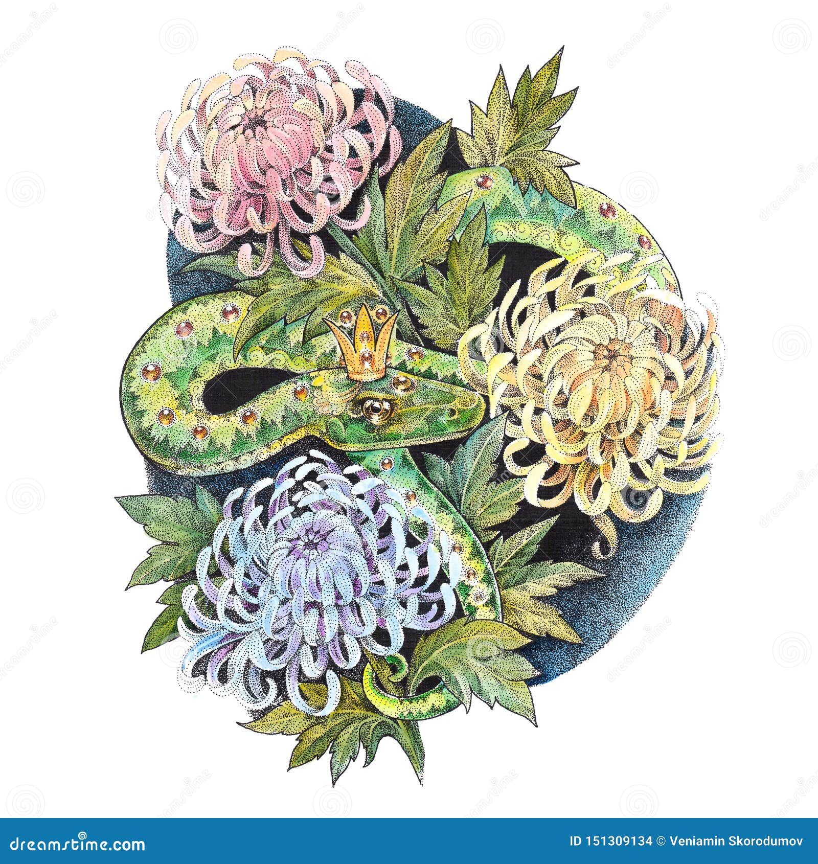 Serpente Del Disegno Dell Acquerello Con La Corona In Fiori Illustrazione Di Stock Illustrazione Di Illustrazione Decorazione