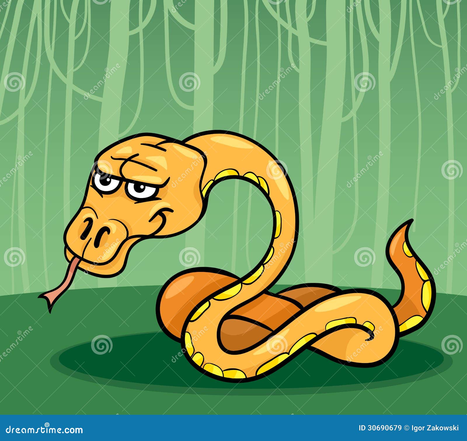 Cobra python engraçada fofa dos desenhos animados na árvore da