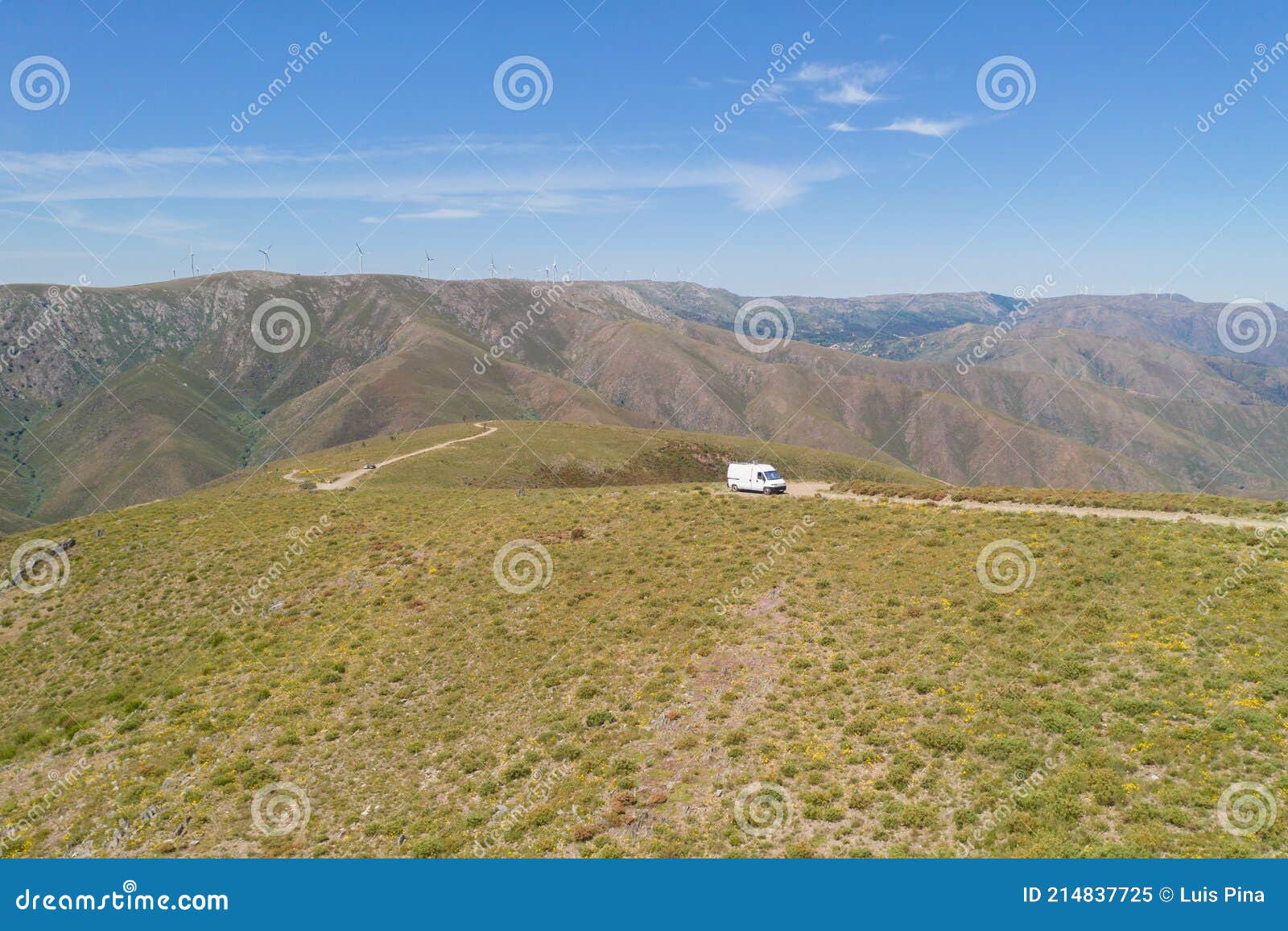 serra da freita drone aerial view of a camper van in arouca geopark on a road, in portugal