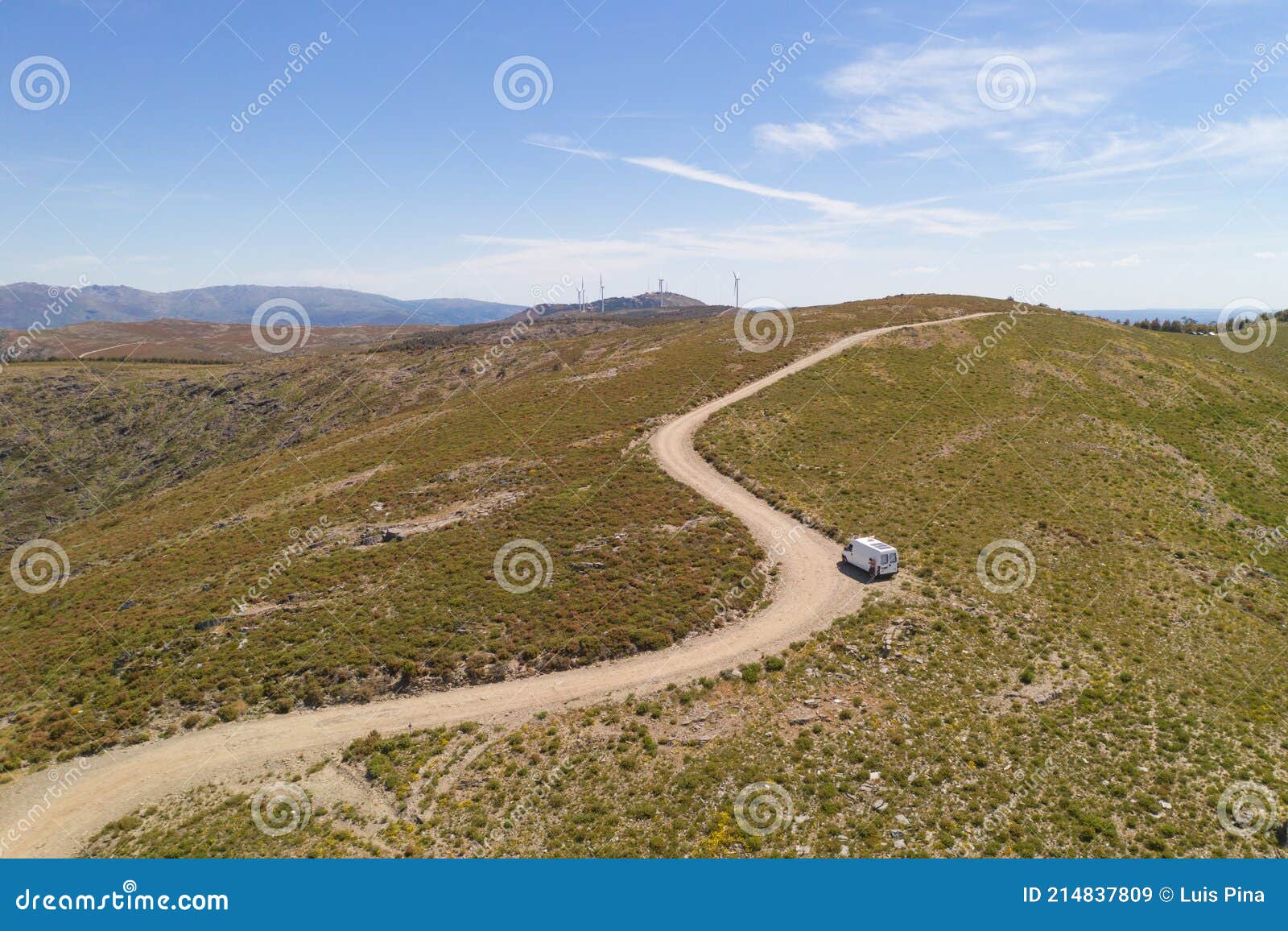 serra da freita drone aerial view of a camper van in arouca geopark on a road, in portugal
