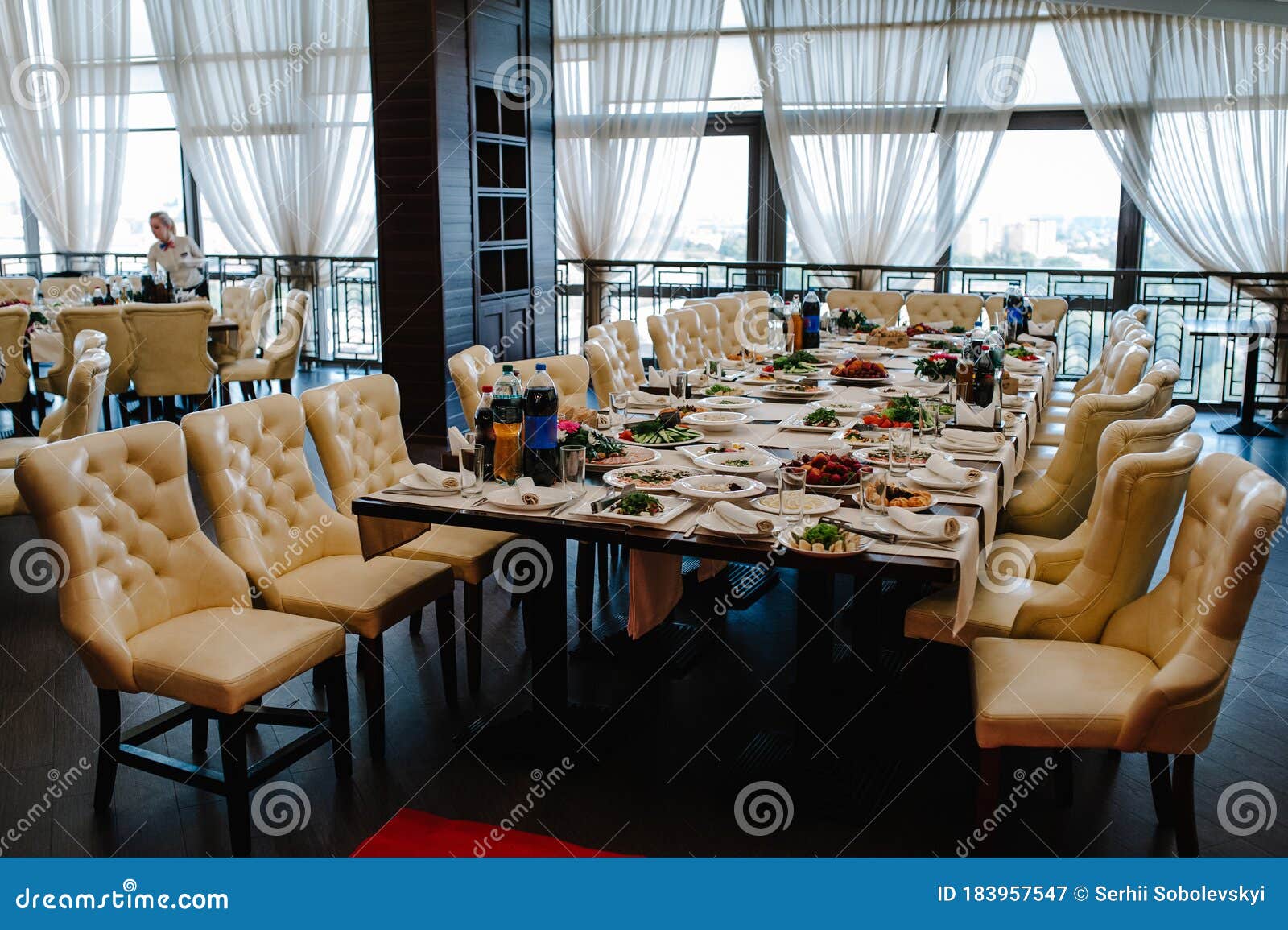 Served Dining Table In The Restaurant With Leather Armchairs And A View Of Nature Side View Stock Image Image Of Nature Plate 183957547