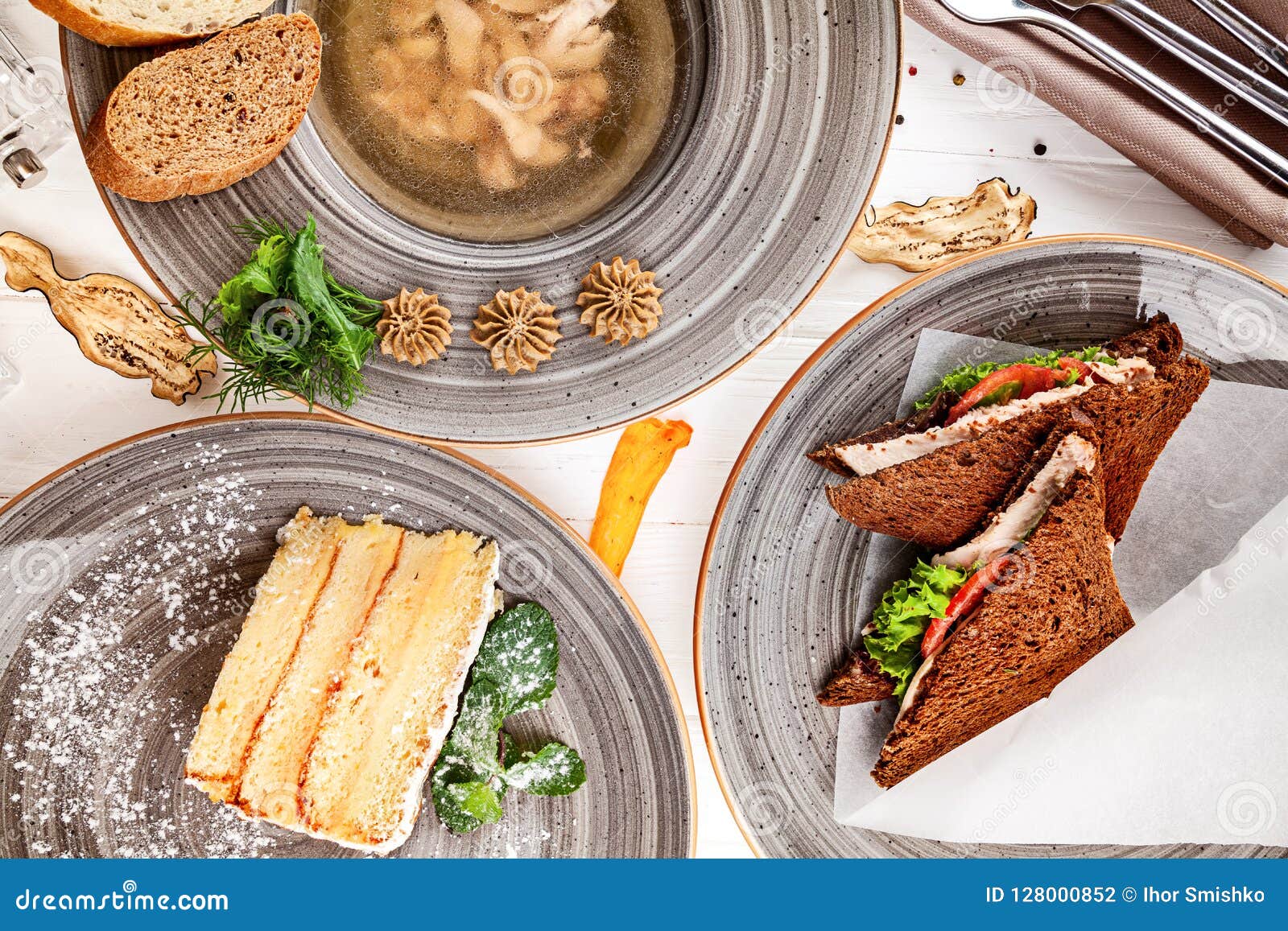 Served Lunch Table Concept. Lunch on White Background. Stock Photo