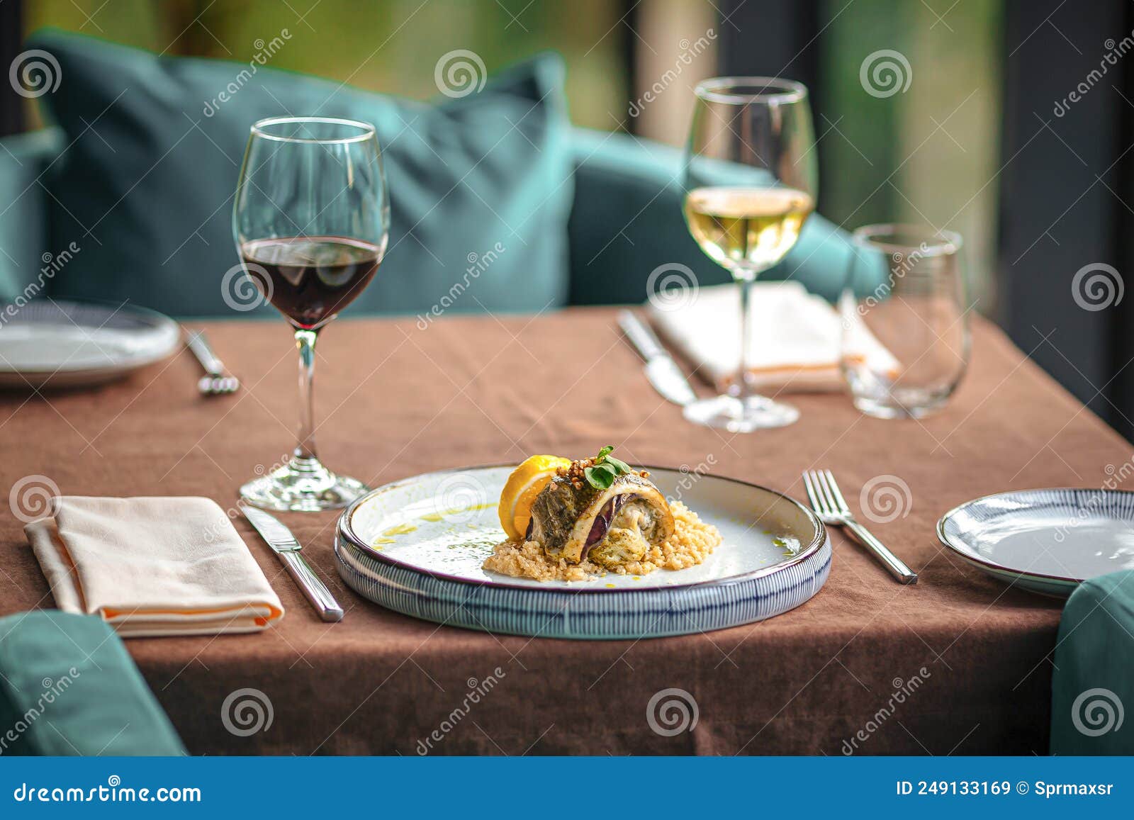 Served Restaurant Table with Drinks and Food Stock Image Image of horizontal, delicious 249133169