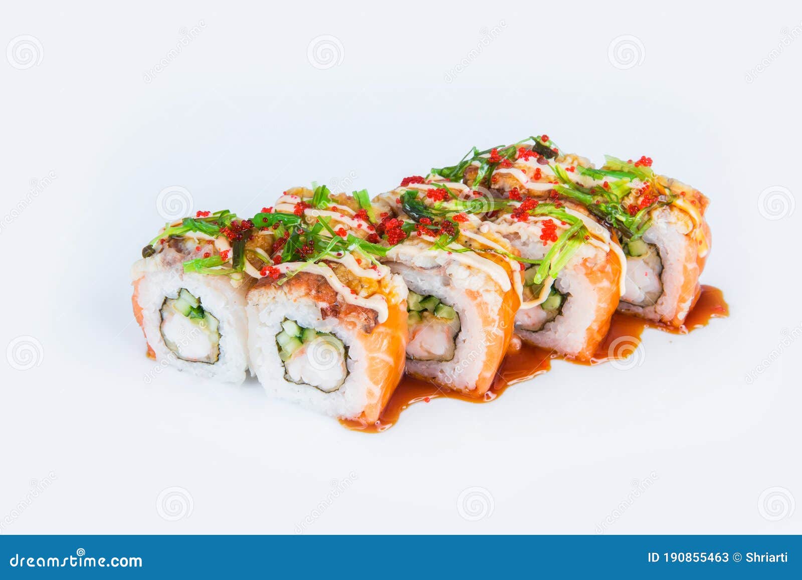 japanese sushi roll with tempura shrimp, cumber, rockfish  on white. menu isolation.