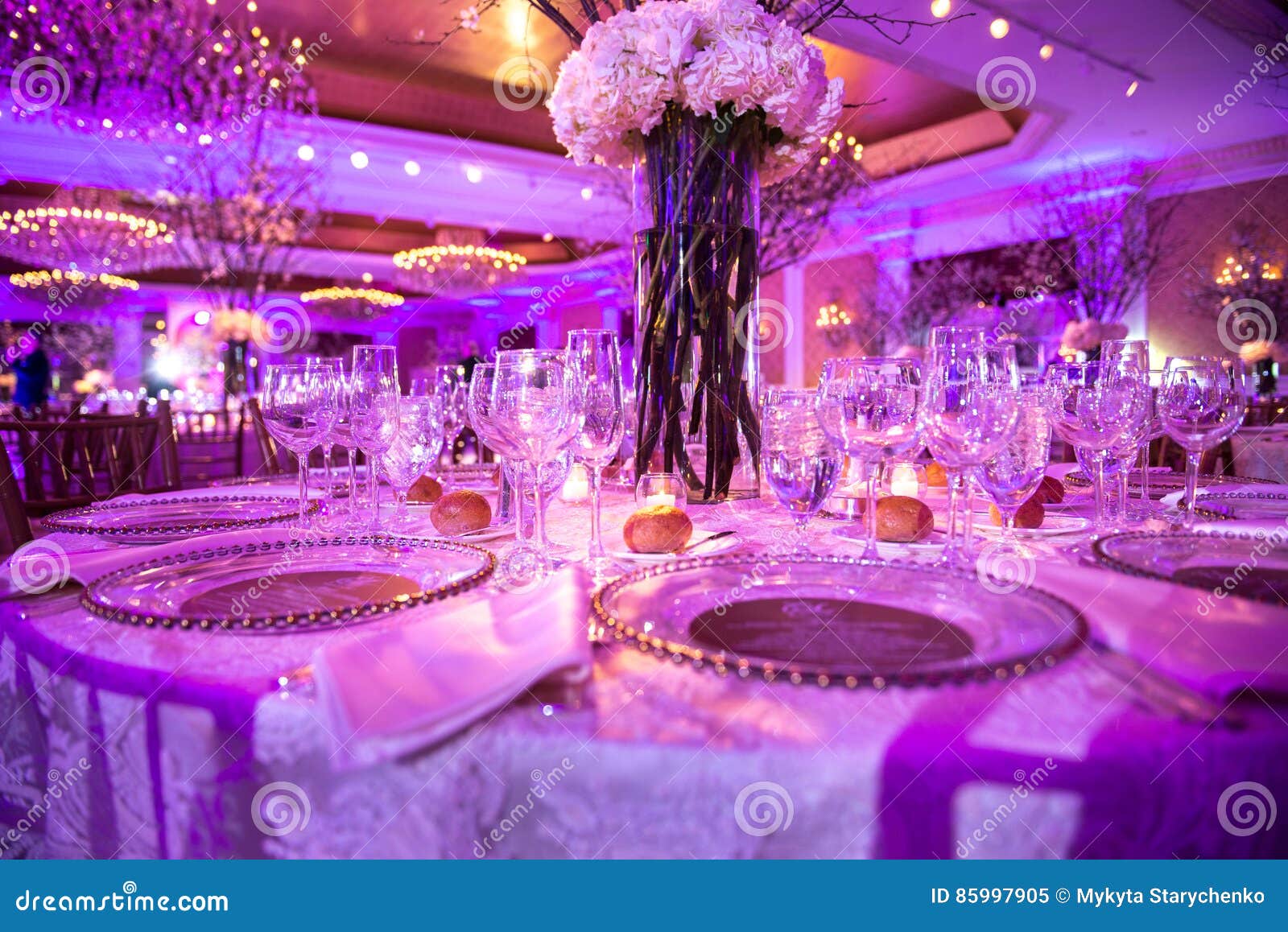 Served Table For Dinner On The Wedding Party At Luxury Hotel Restaurant Stock Image Image Of