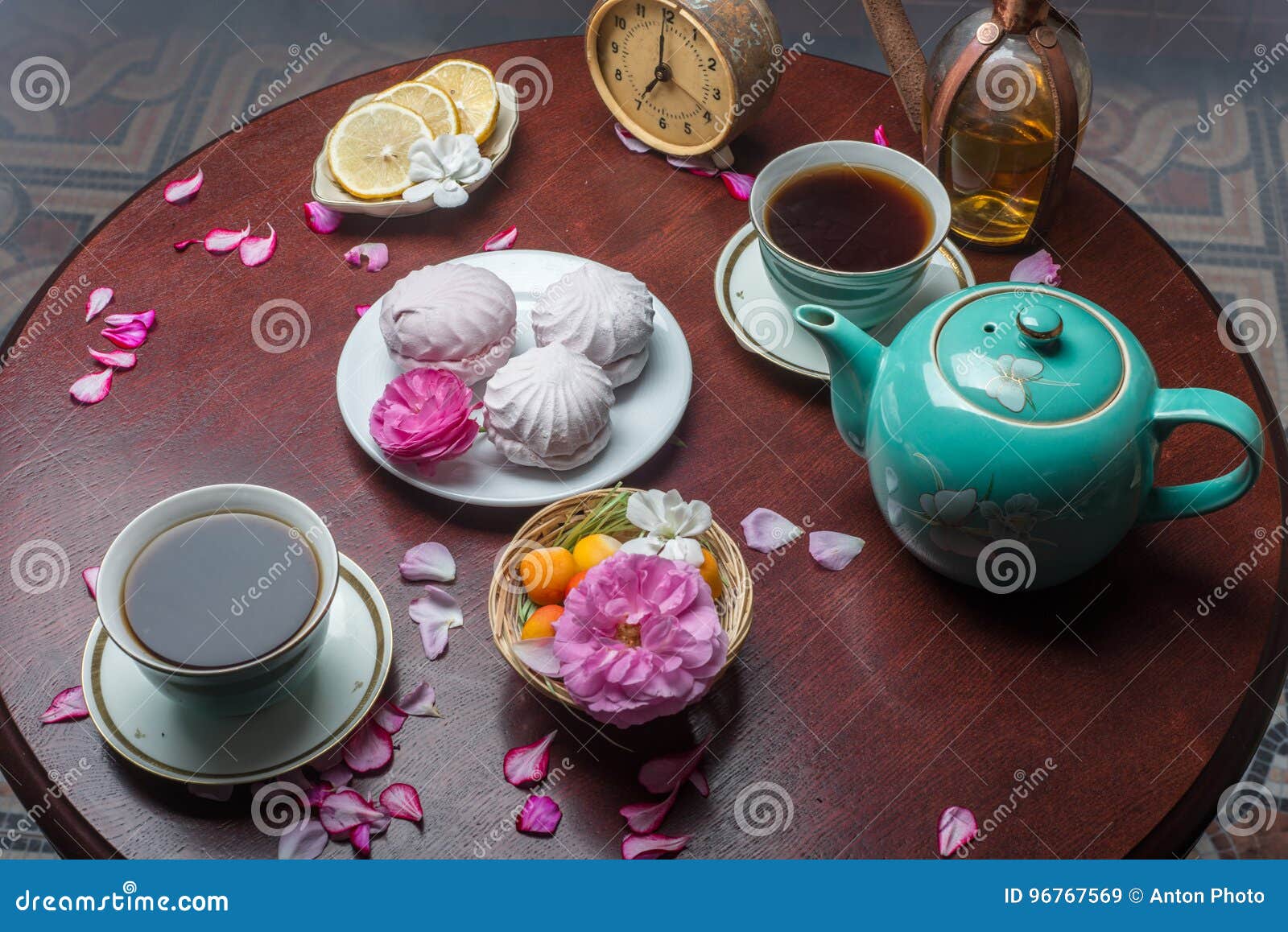 Served Tea Table, with Marshmallow and Flowers Stock Image Image of