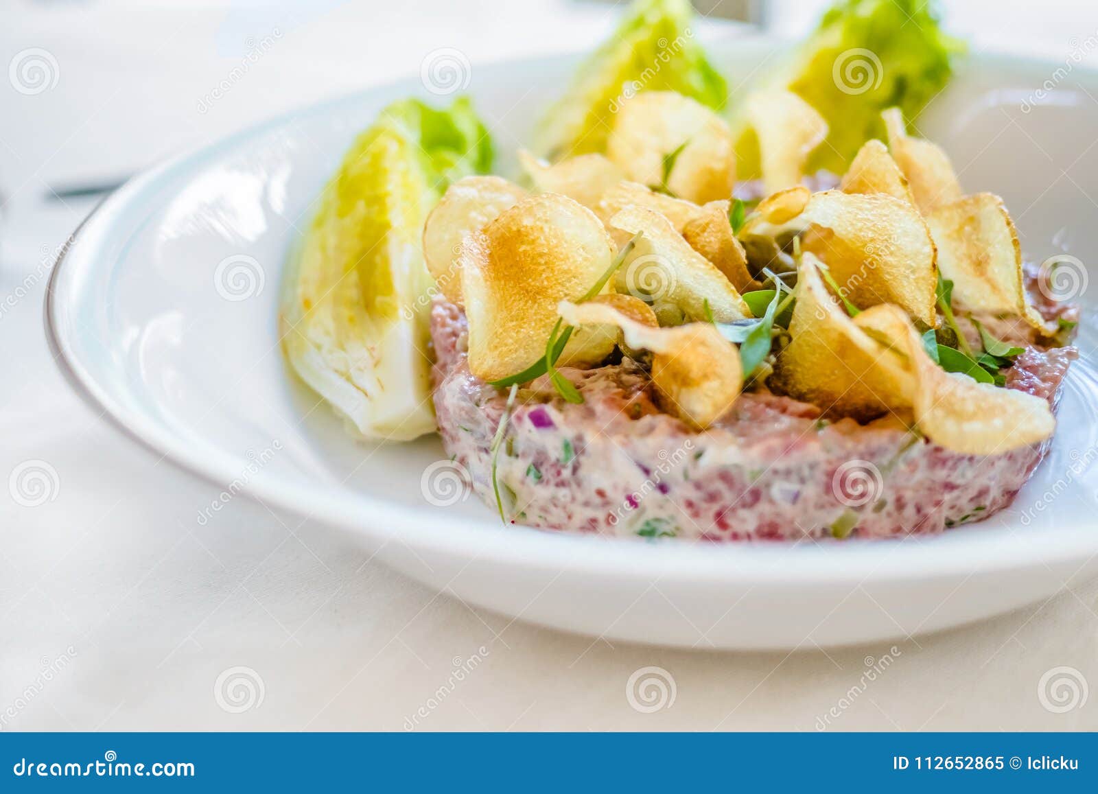 Tuna Tartare Served on White Dish with Chips Stock Image Image of