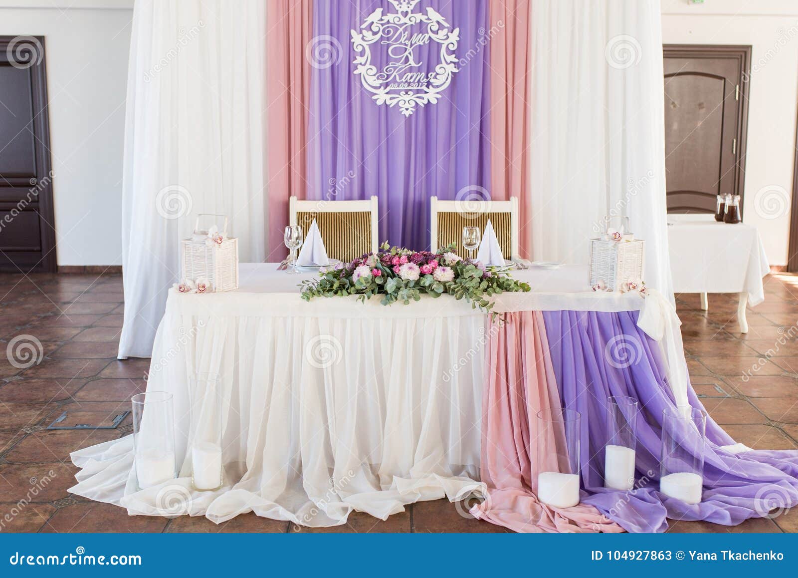 Served Wedding Banquet Table In The Restaurant Decorated White Pink