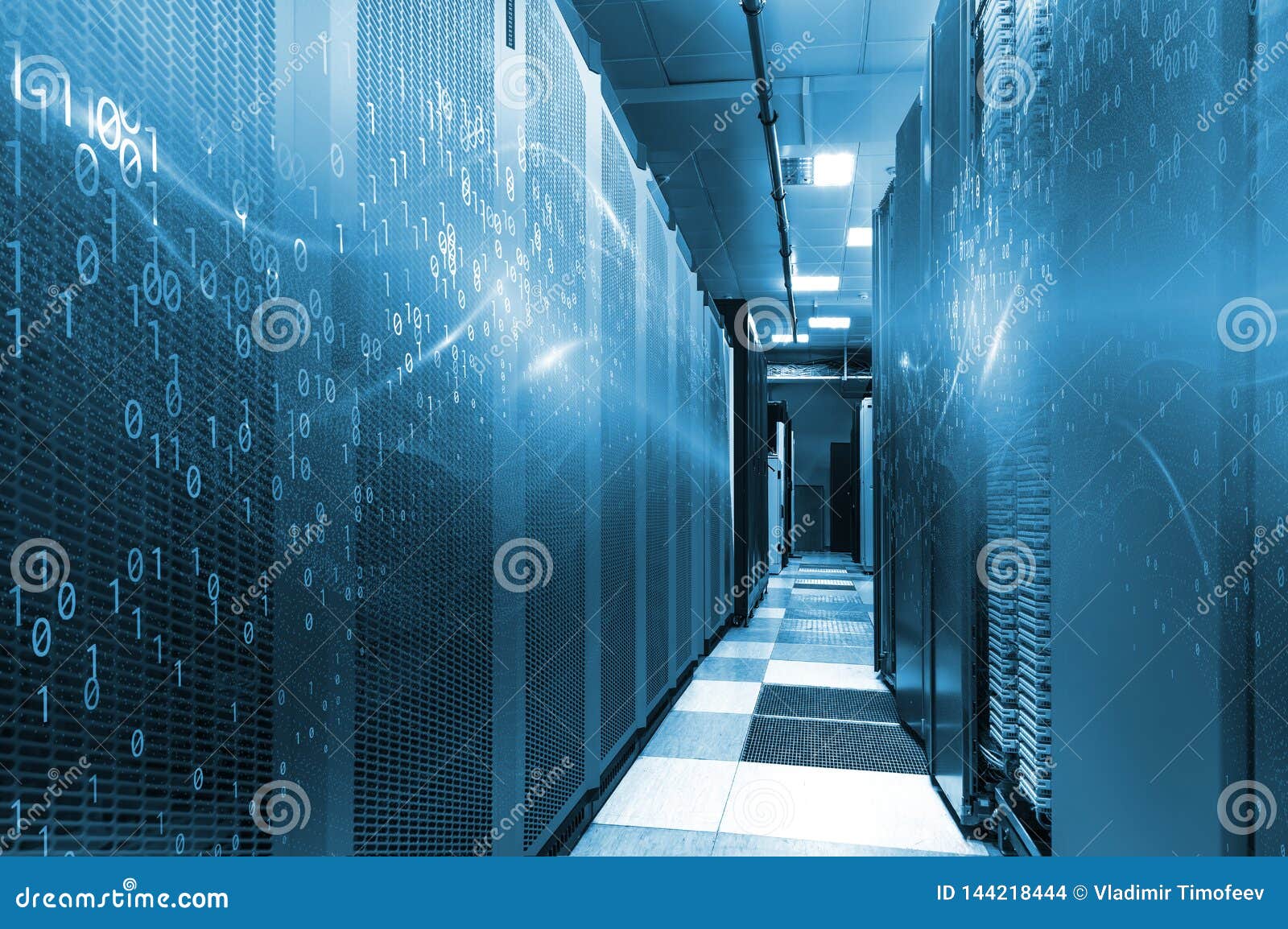 server room in big data center with binary code . modern interior super computer for digital communications and internet in