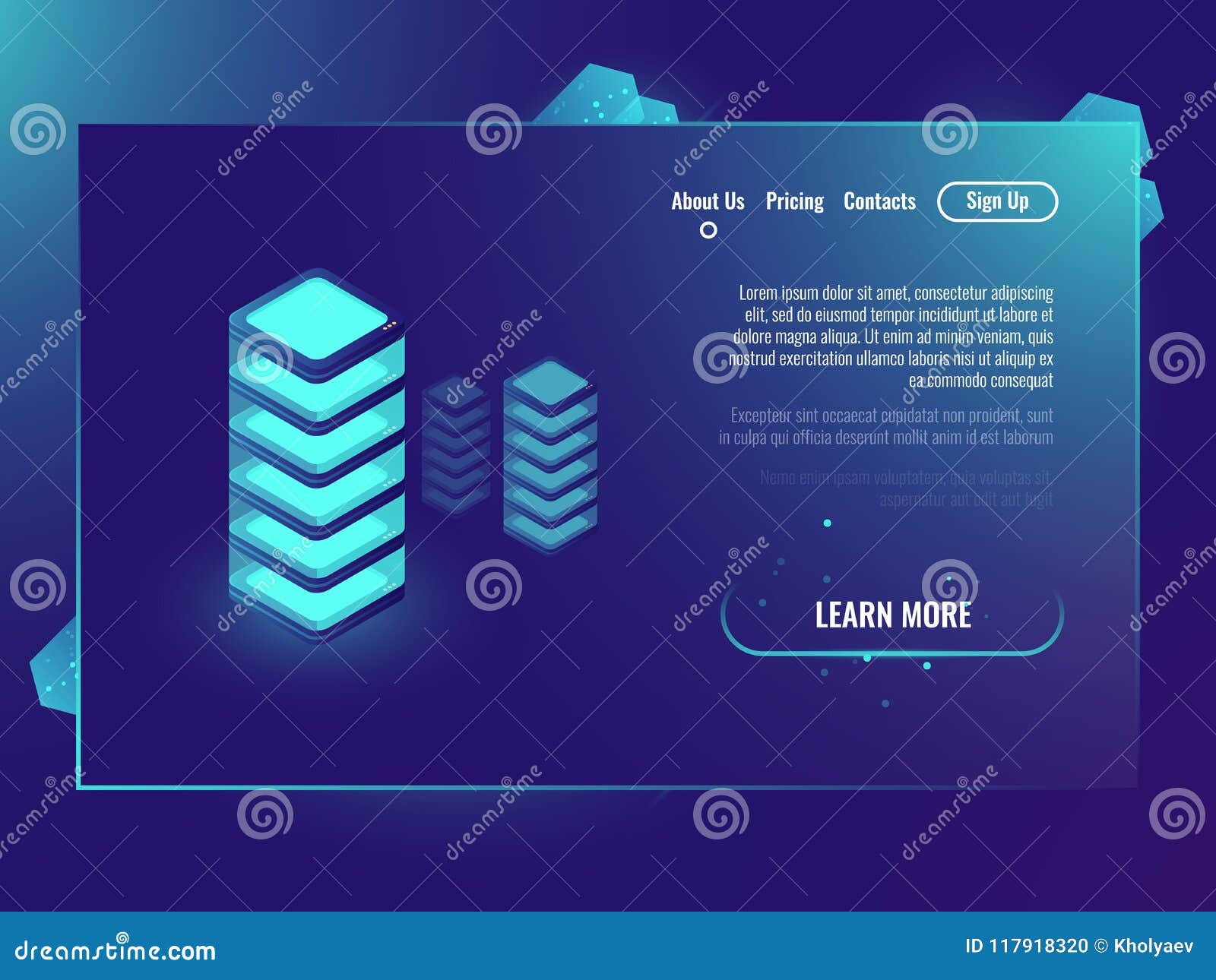 server room, concept, isometric   of data center and data exhange, cloud storage neon dark gradient