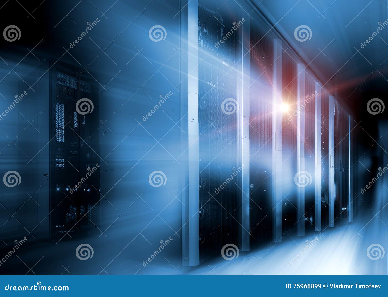 Server Room In Dark With Blue Colored Lights Motion Stock
