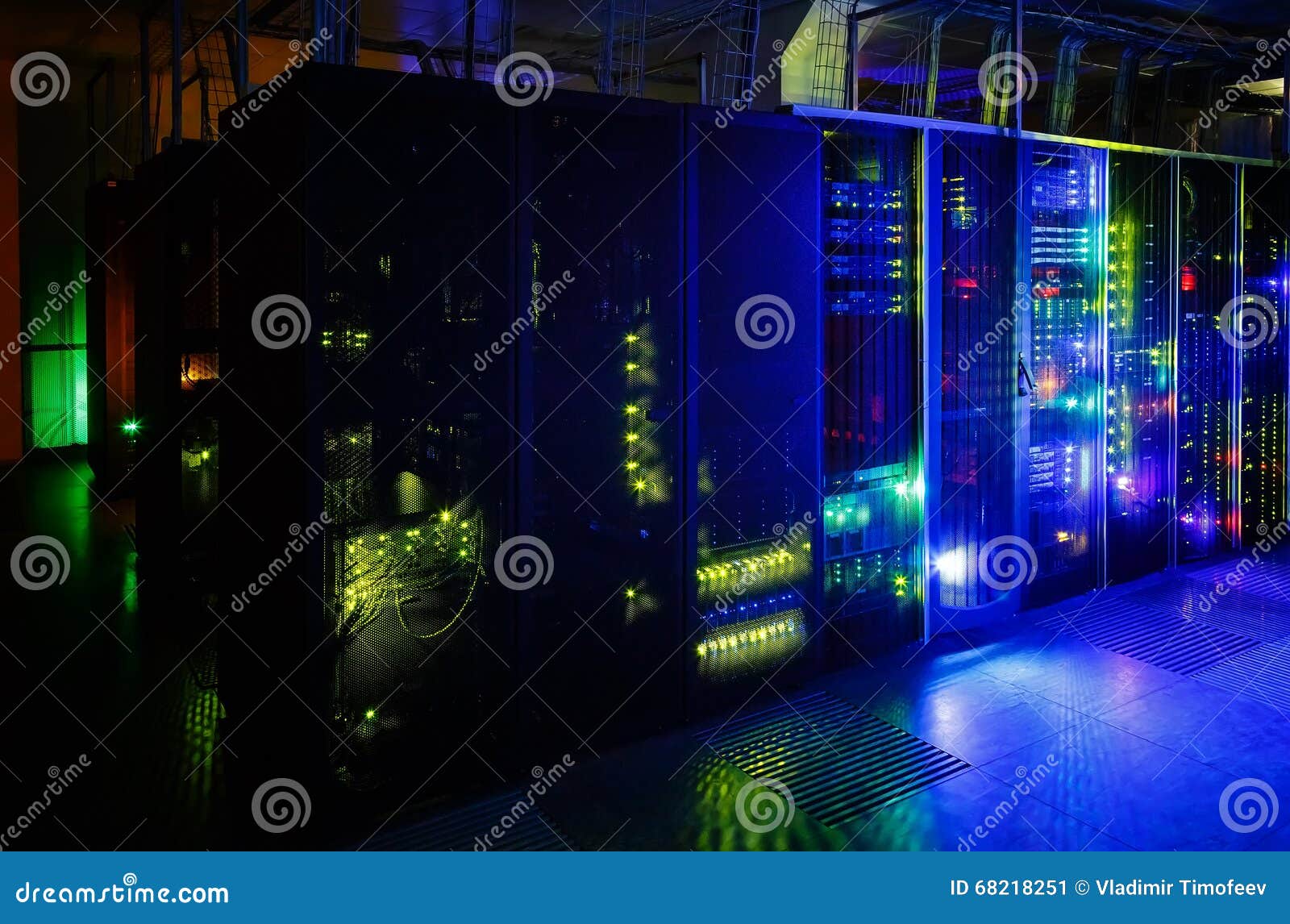 Server Room In The Dark With Bright Colored Lights Stock