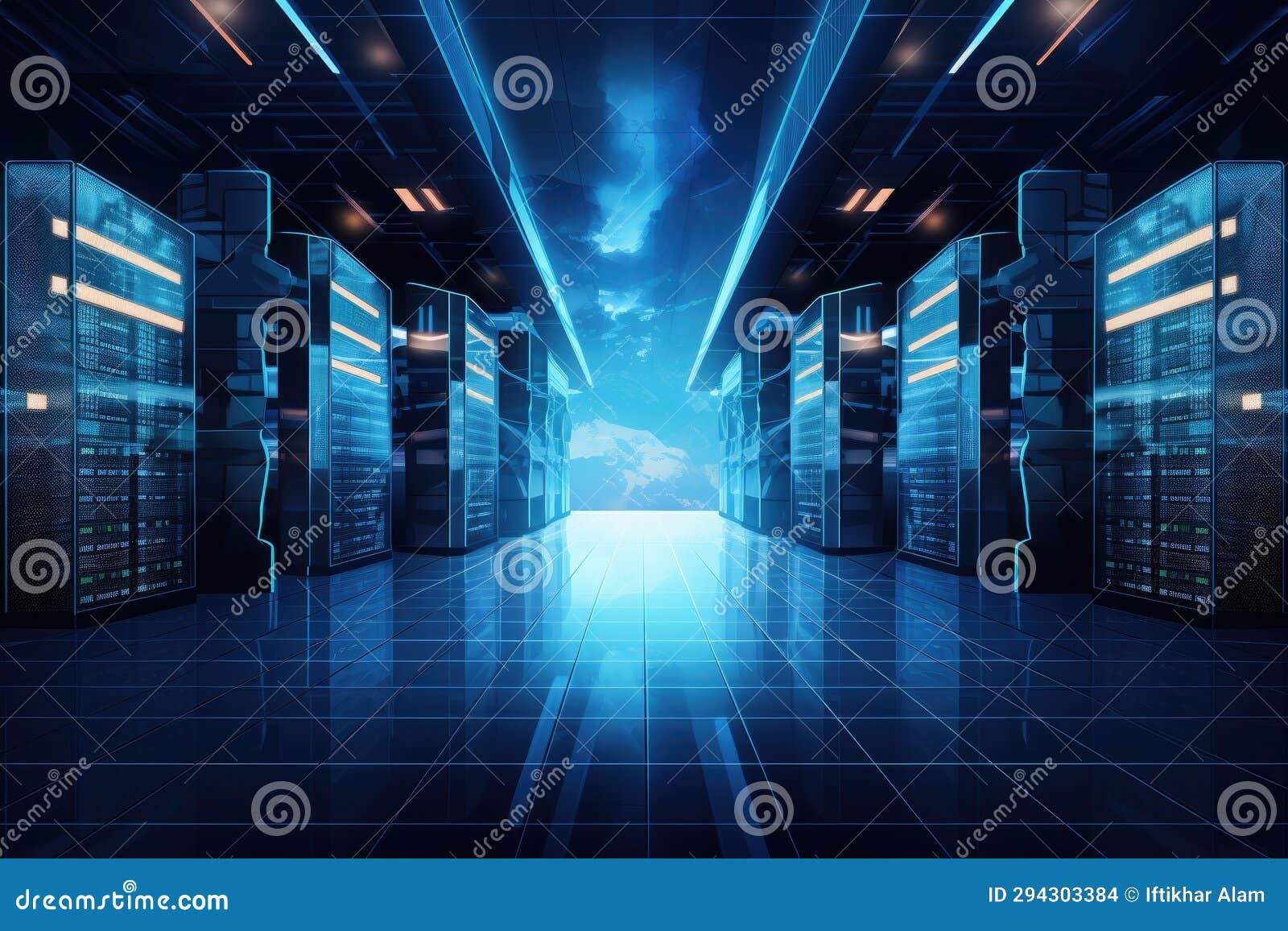 Server Room Data Center with Bright Blue Lights 3D Rendering Toned
