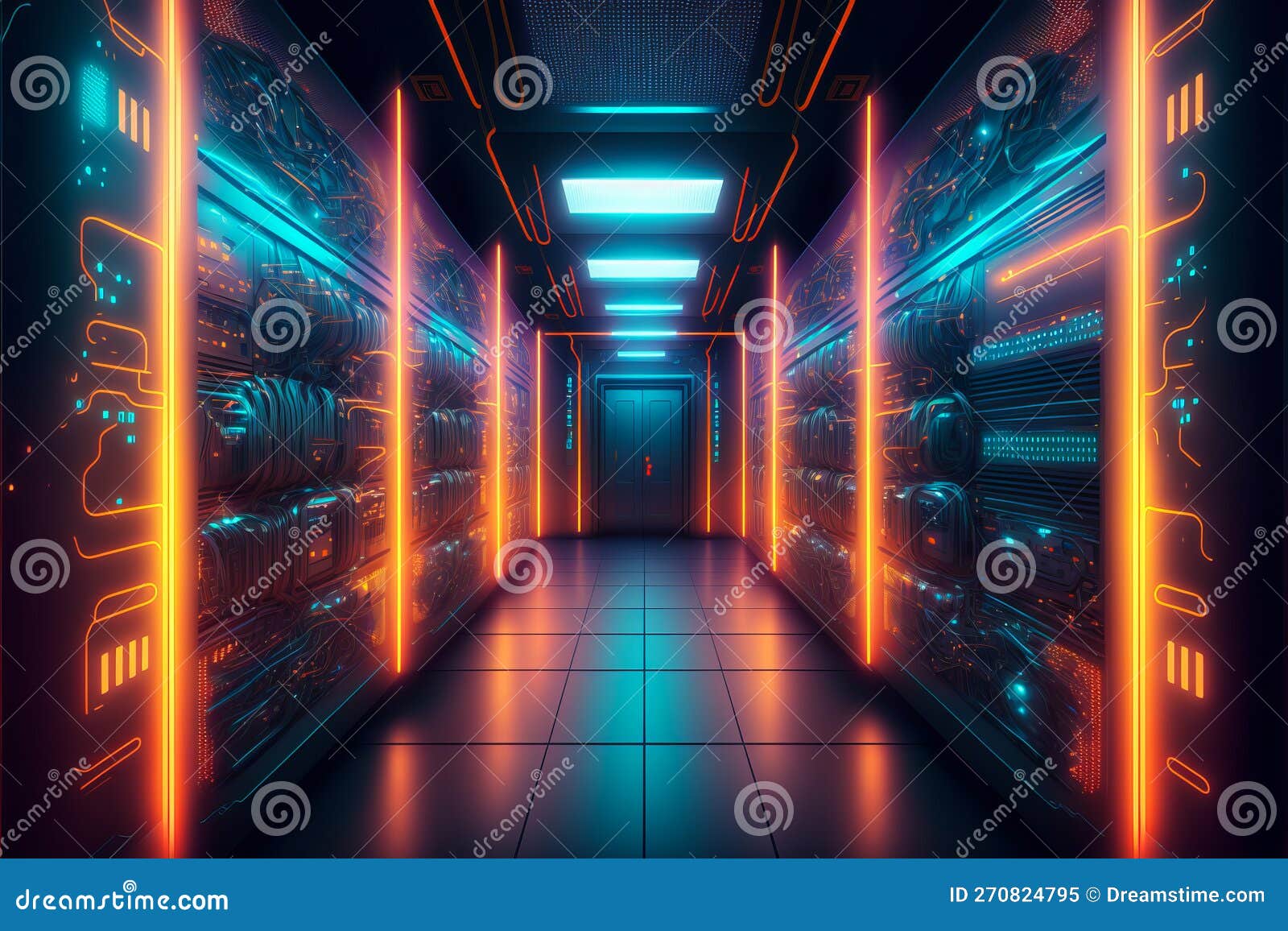 Server Room Data Center with Cinematic Lighting. Generative Ai Stock