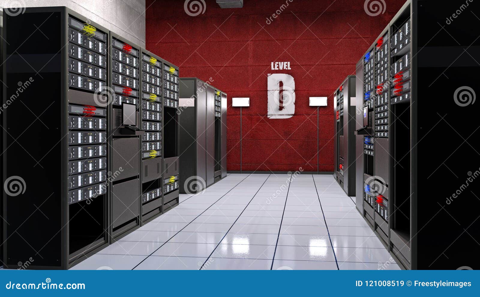 server room, data center with computer servers in racks, computer facility data storage, 3d render