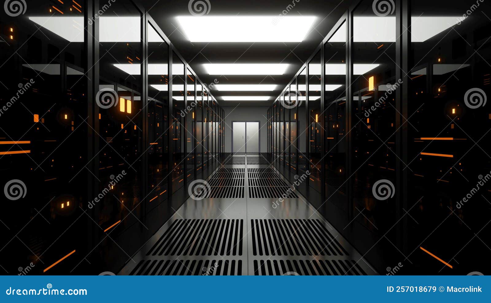 Server Room Data Center Corridor with Yellow Lights Stock Illustration