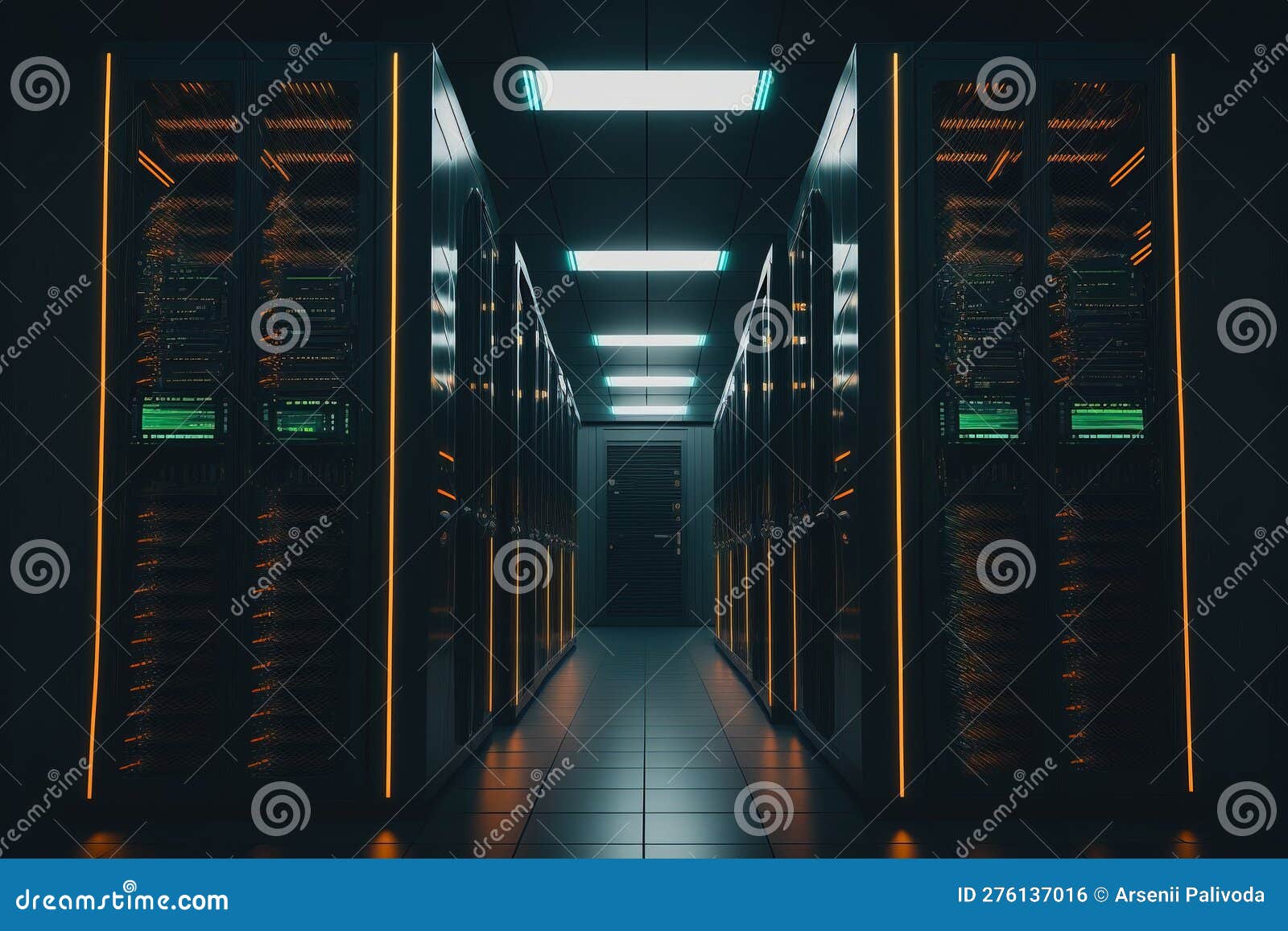 Server Room or Data Center Filled with Racks of Servers. AI Generative Stock Illustration